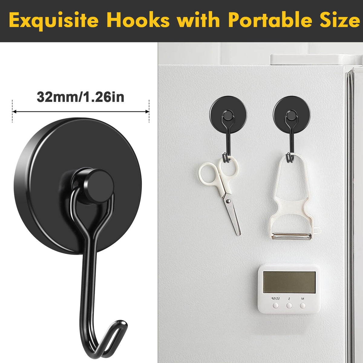 MIKEDE Black Magnetic Hooks Heavy Duty 120LB+ Swivel Swing Strong Magnetic Hooks Cruise Neodymium Hook Magnets for Hanging Home Workplace Metal Door Office and Garage - Pack of 6