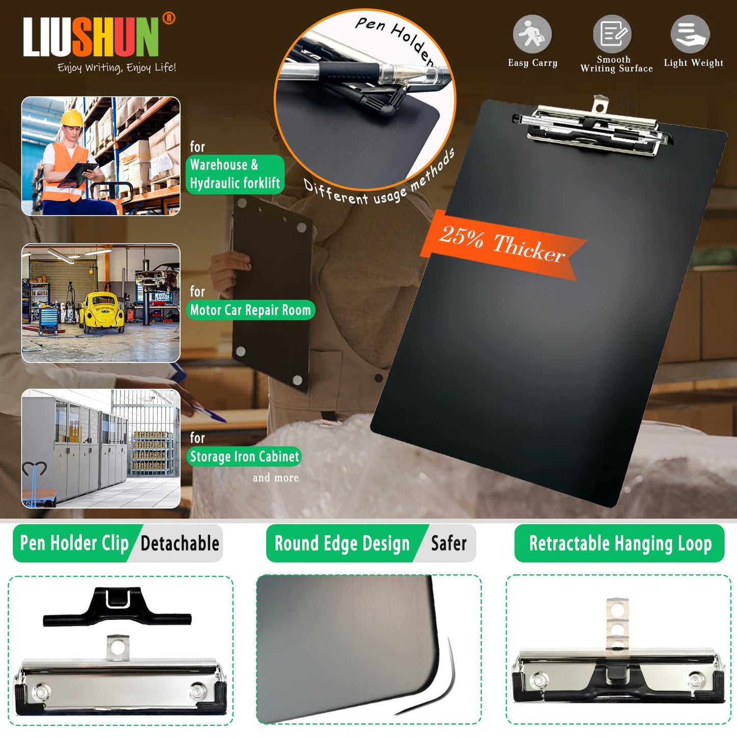 Aluminum Magnetic Clipboard A4 Metal Strong Fixed Magnet Message Clip Board Stainless Hangable w/Pen Holder Letter 9" x 12.6" for School Office Forklift Factory Workshops Supplies (Black)