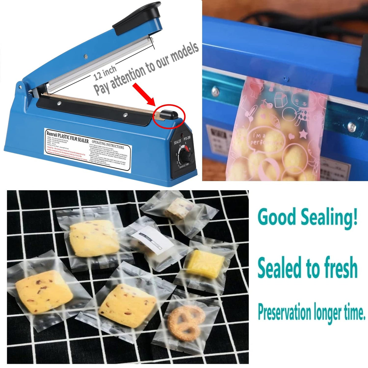Impulse Heat Sealer Manual Bags Sealer Heat Sealing Machine 12 Inch Impulse Sealer Machine for Plastic Bags PE PP Bags with Extra Replace Element Grip
