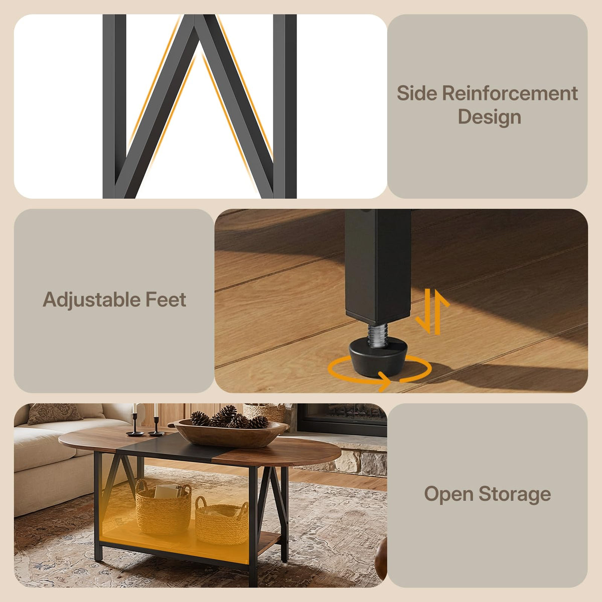 HOOBRO Coffee Table for Living Room, 2-Tier Oval Coffee Table, Industrail Centre Table with Open Shelf, for Small Space, Home Office and Dining Room, Rustic Brown and Black BFK13KF01