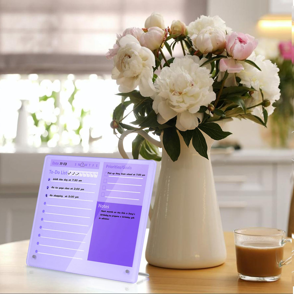 Desktop Thick Acrylic Dry Erase Board to Do Planning Board, 12" x 10", Desktop White Board with Stand, Frameless Purple Dry Erase White Board for Office/Home/School