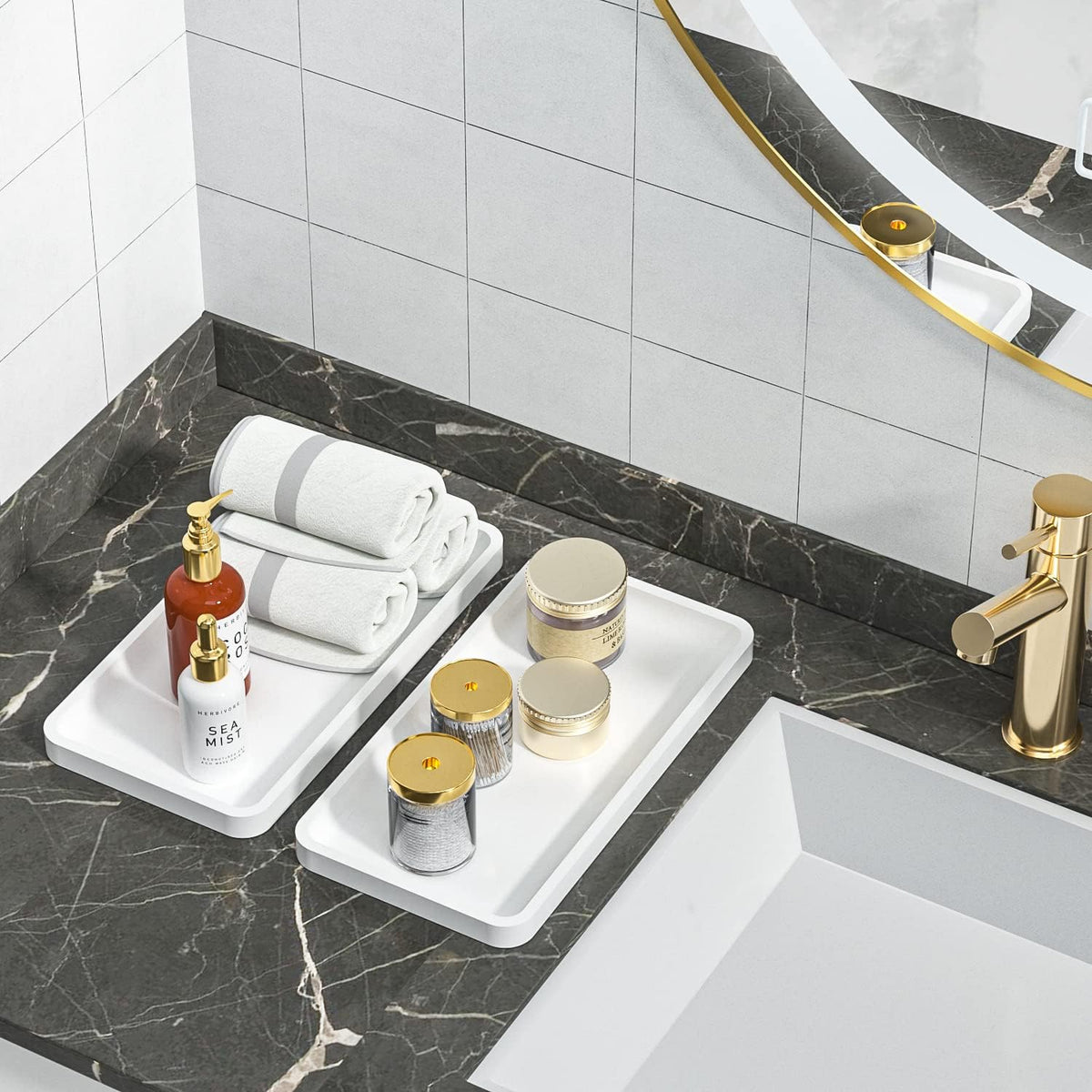 Weenson Bathroom Vanity Trays for Countertop Toiletries Decor Candle Perfume Makeup, Kitchen Tray for Soap Dispenser Spice Salt Oil, White Tray for Toilet Tank Coffee Nightstand Set of 2