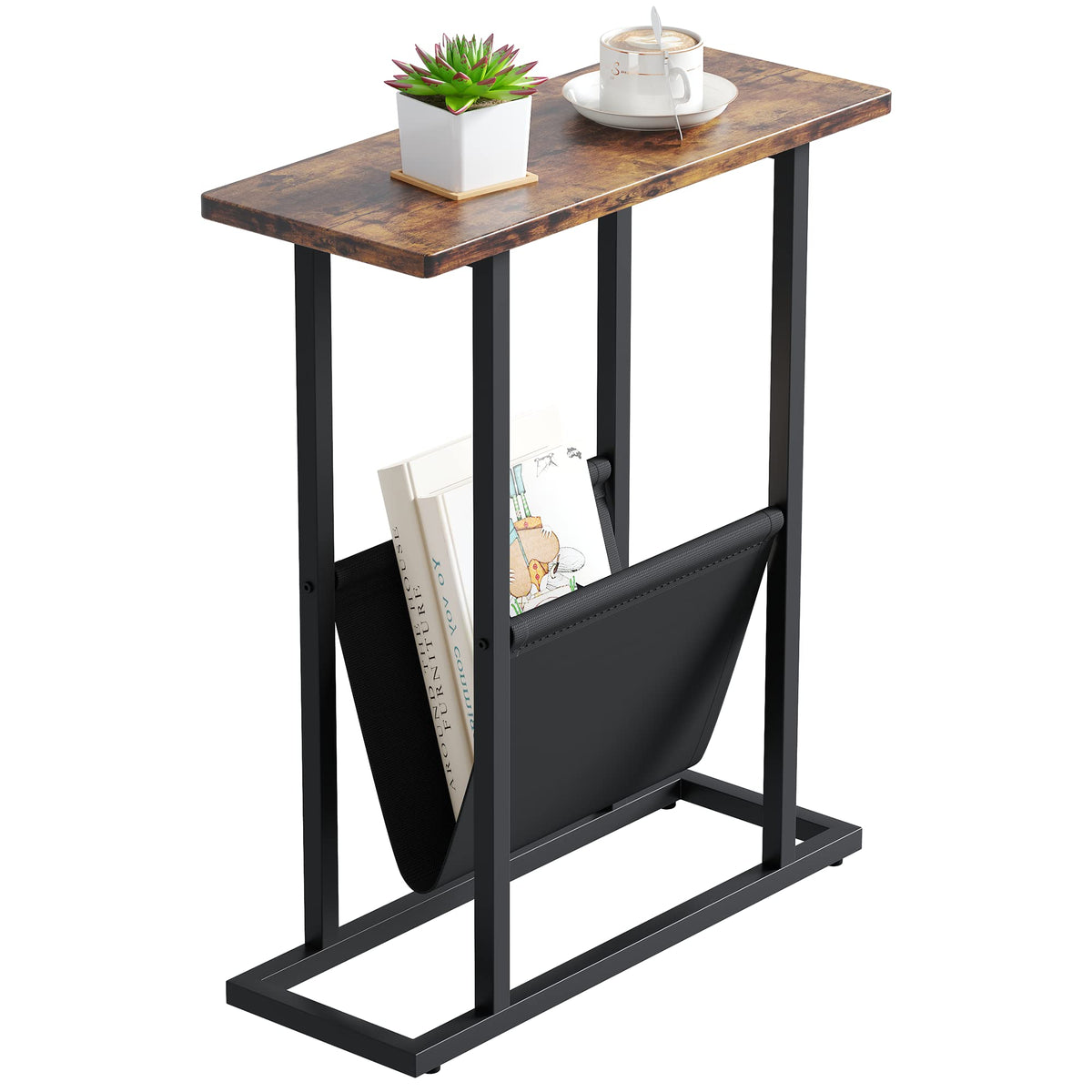 Yusong Narrow Side Table for Small Spaces, Small End Table with Magazine Holder, Skinny Slim Little Thin Table for Living Room, Bedroom, Sofa, Rustic Brown