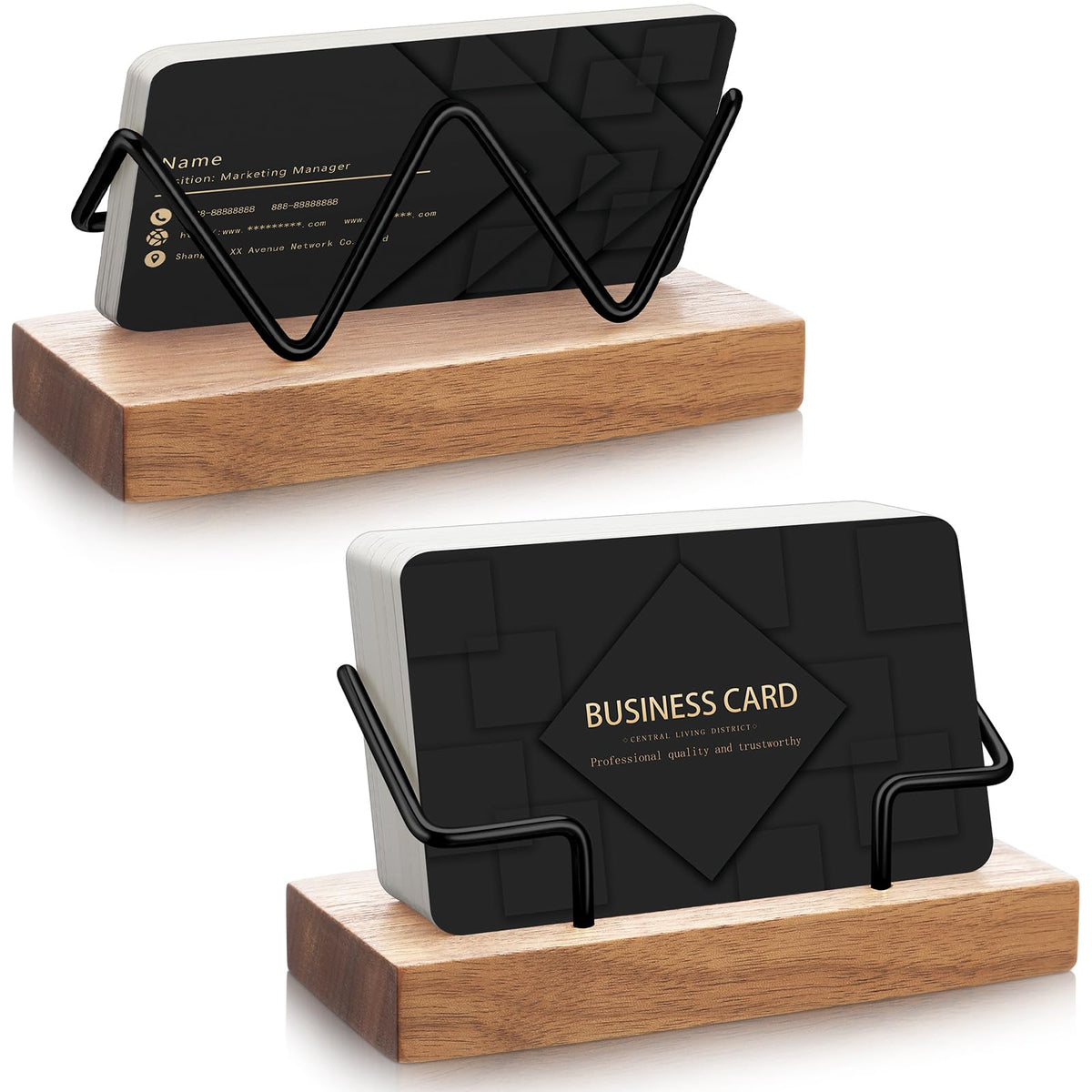 Amyhill 2 Pieces Wood Business Card Holder for Desk Wooden Business Card Display Stand Postcard Holder for Office Home Desktop (Light Wood Color, Black)