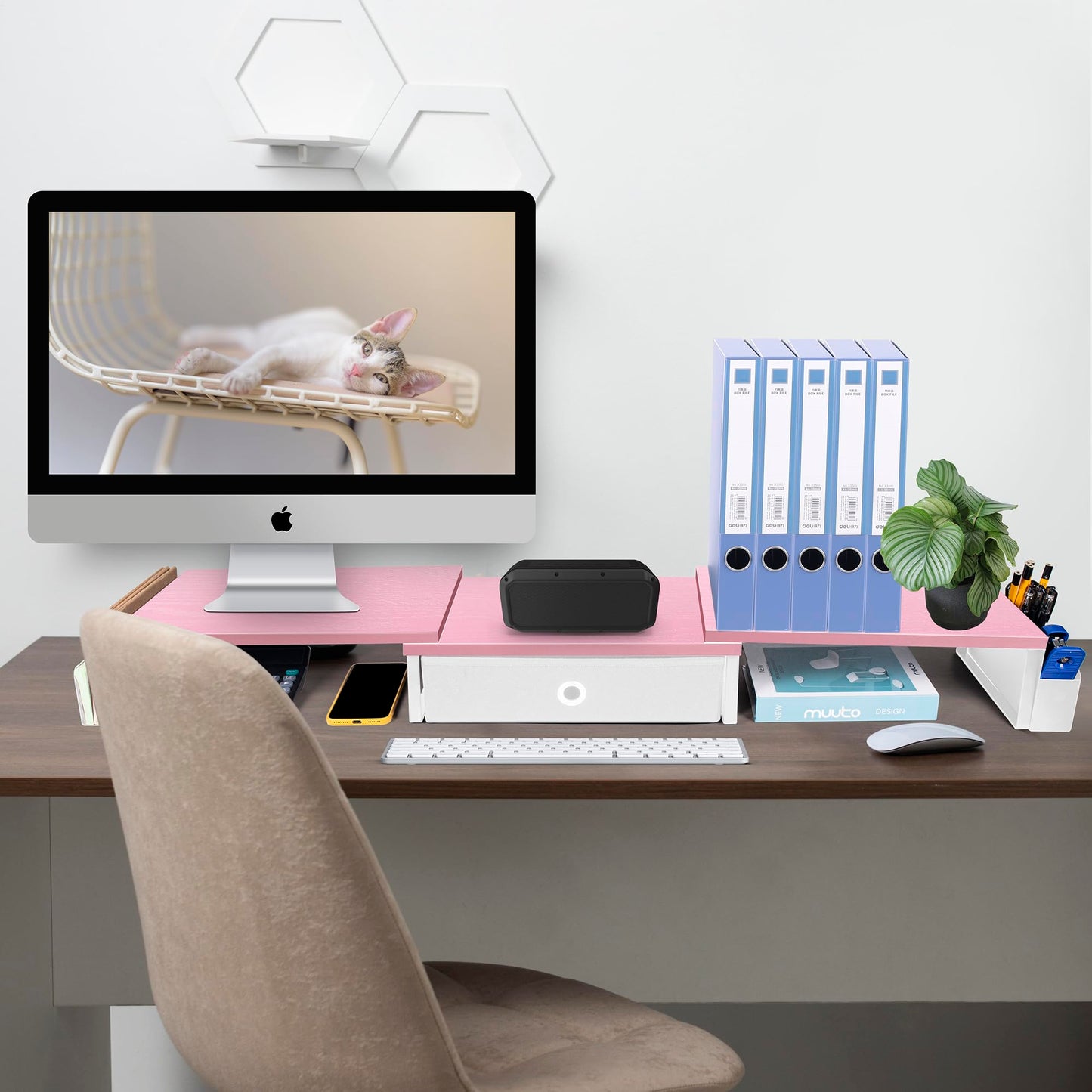 Dual Monitor Stand Riser With Drawer & Metal Leg, Large Desk Shelf For 2 Monitors w/ Adjustable Length & Angle, Desktop Organizer For Laptop/TV/Printer