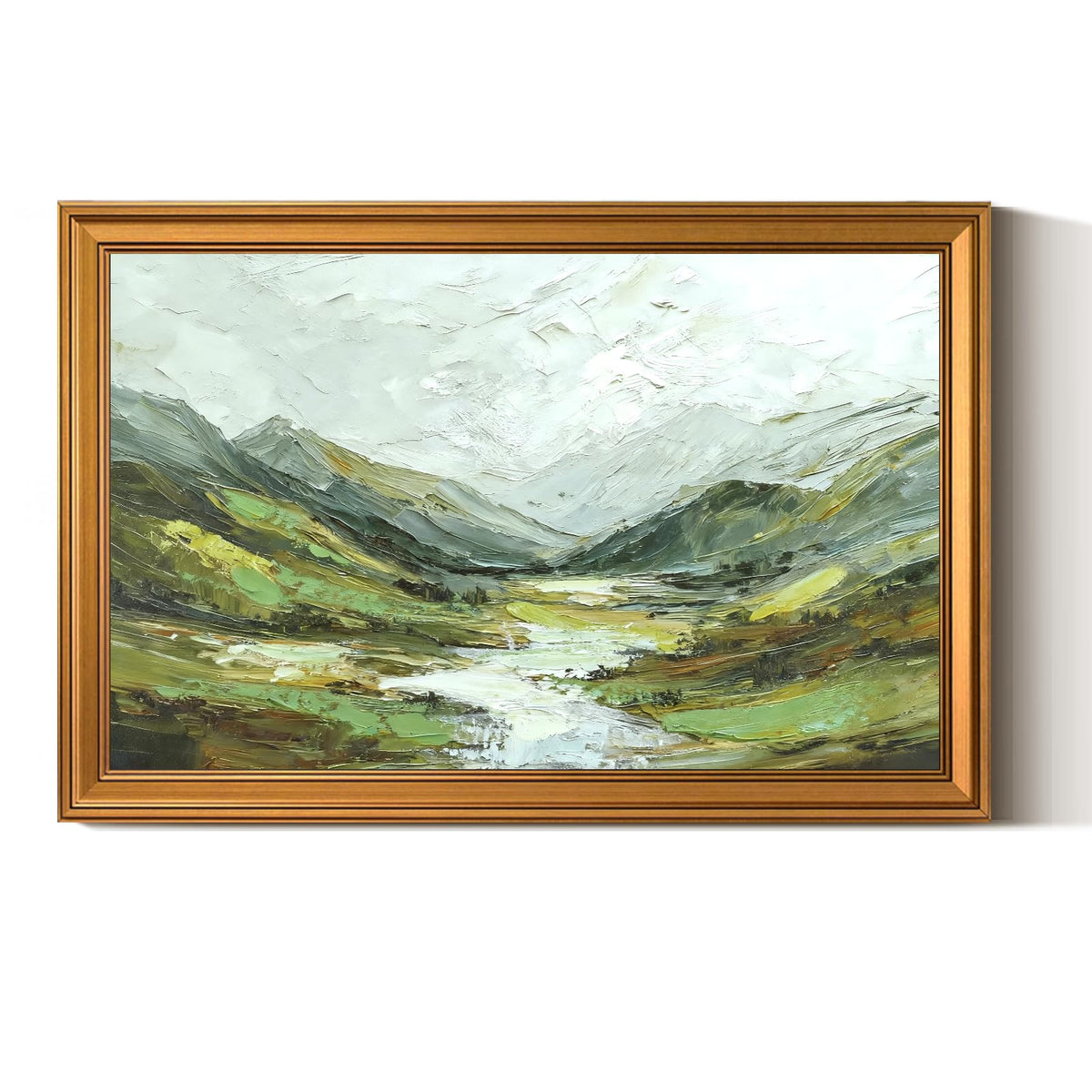 ARPEOTCY Gold Framed Large Canvas Prints Wall Art,3D Textured Landscape,16x24 Inch Green Mountain Artwork for Living Room,Classic Nature Oil Painting Print,Rustic Country Style Home Decor