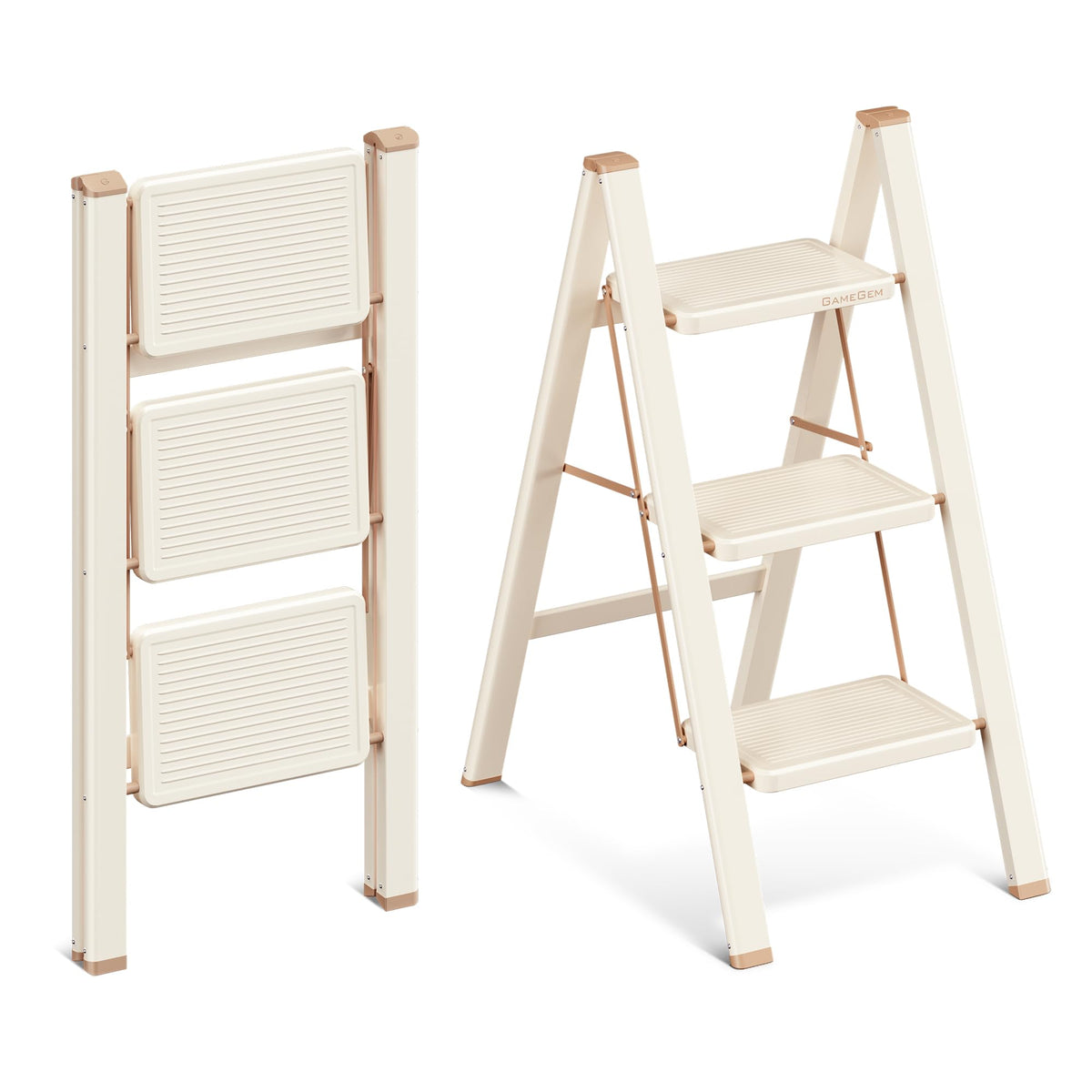 GameGem 3 Step Ladder, 3 Step Stool for Adults, Folding Step Ladder with Secure Footing, Widened Pedal, Aesthetically Pleasing Looking, Blends Right into Domestic Rooms, Cream Chocolate