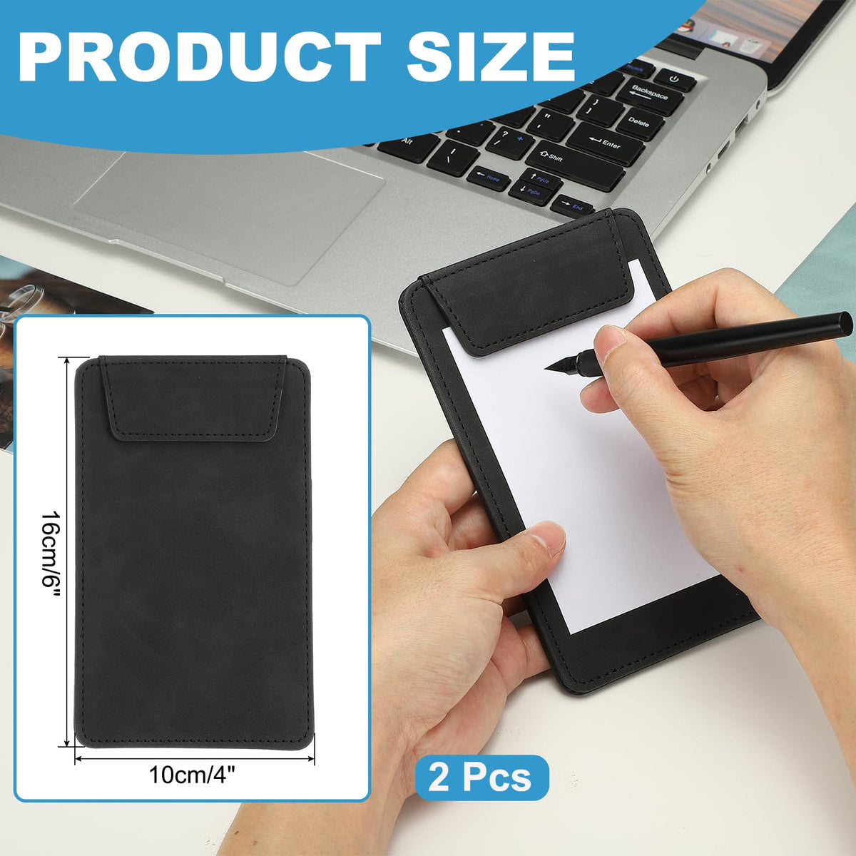 uxcell 2 Pack Mini Clipboard, 6" x 4" Leather Small Clipboard with Pen Holder, A7 Size Magnetic Writing Clip Boards for Business, Office,Restaurant and Hotel (Black)