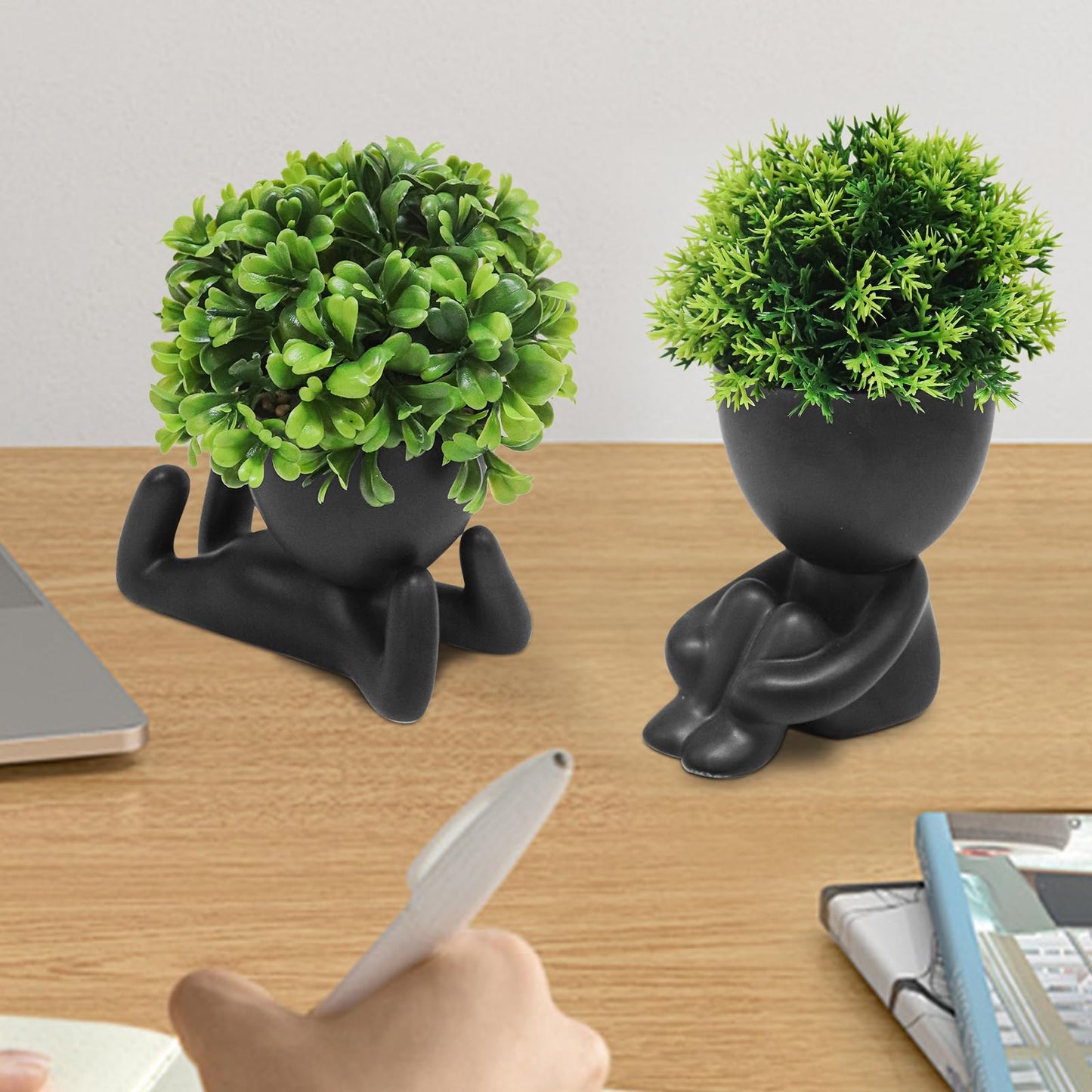 MAKHOT 4PCS Cute Artificial Mini Succulent Plants with Creative Human Shaped Pots, Small Fake Plants for Shelf Desk Tabletop Office Home Decoration(Black)