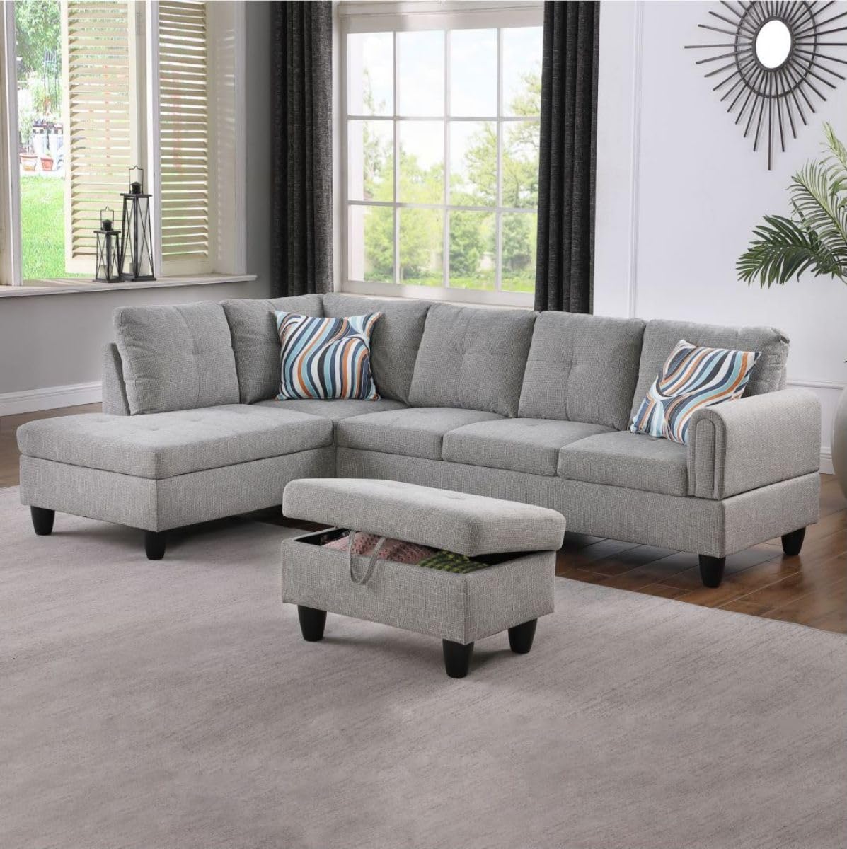 UOCFYK Grey-2 L-Shaped 3-Piece Linen Sofa with Storage Ottoman Set, Sectional Couch Sofa Set for Living Room, Office, Small Space