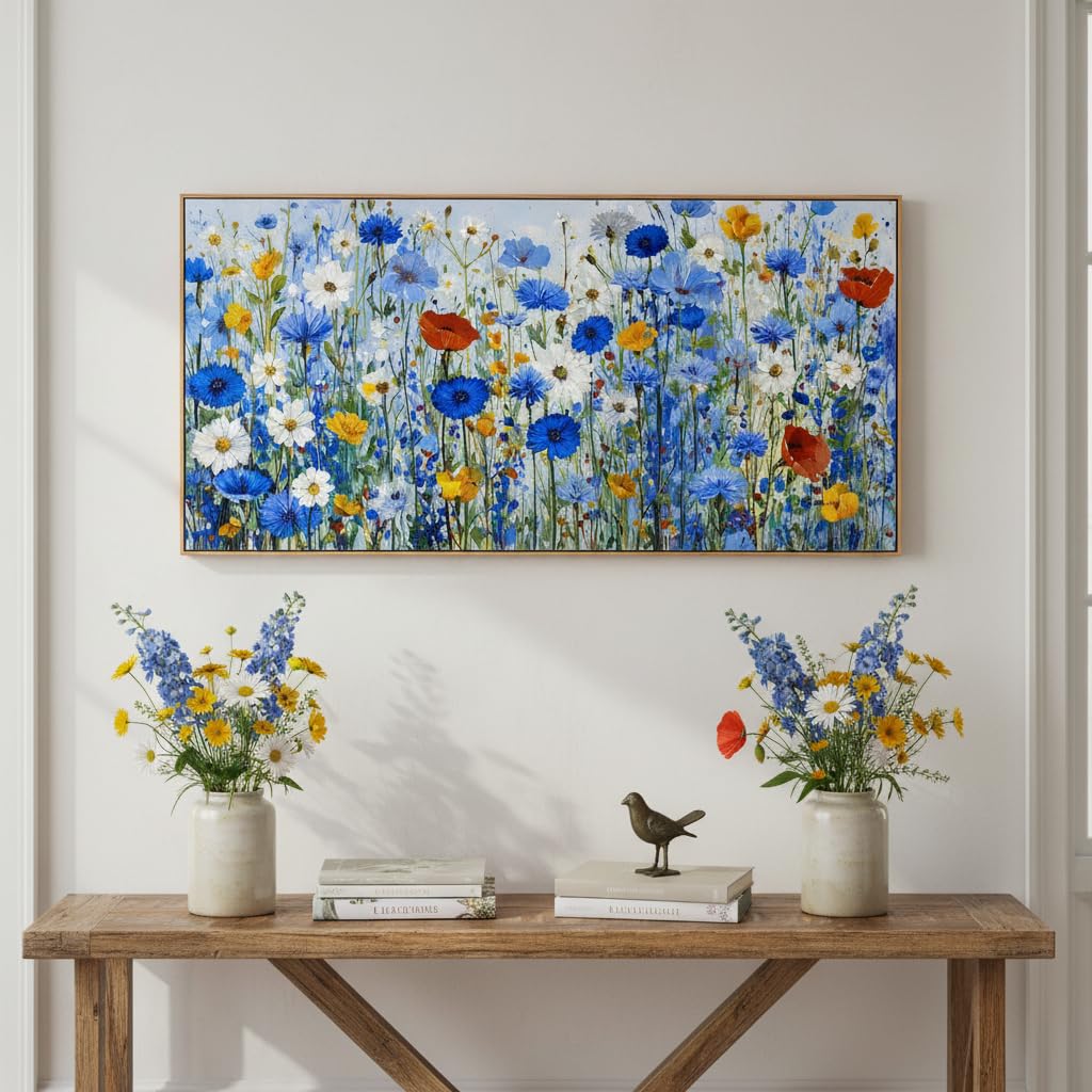 KZKU Blue Floral Wall Art Wildflower Canvas Print Frame Ready to Hang Vibrant Flowers Artwork Botanical for Living Room Bedroom Office Hallway & Bathroom Decor 20x40inch