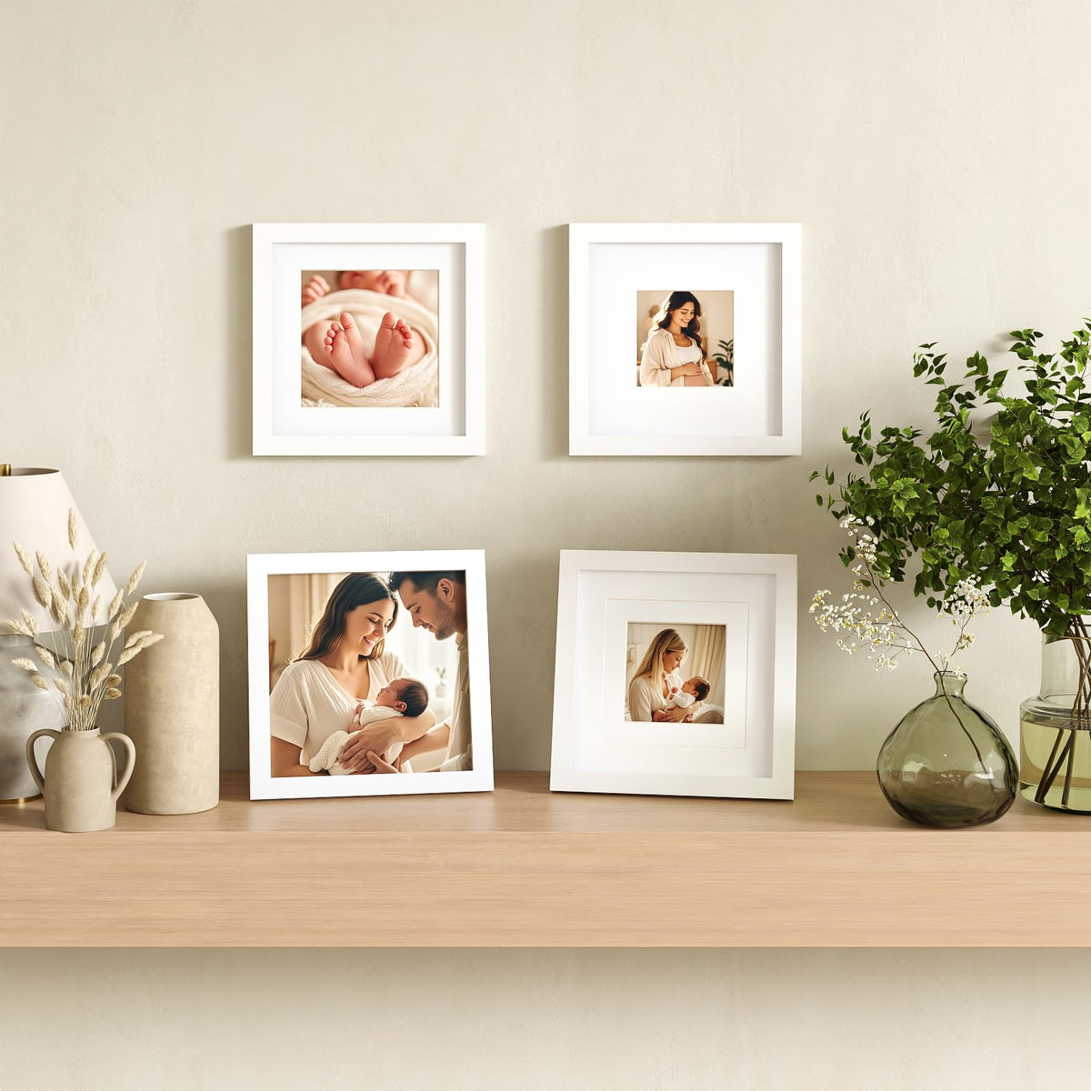 Egofine 8x8 Picture Frames 4 PCS - Made of Solid Wood Covered by Plexiglass for Table Top Display and Wall Mounting Photo Frame for Pictures 4x4/6x6 with Mat White