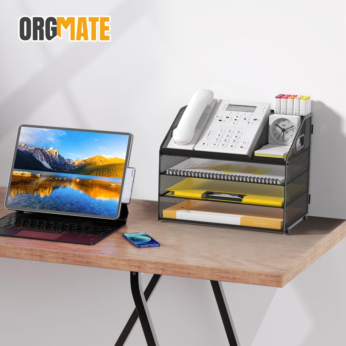 OrgMate Letter Tray Paper, 4 Tier Desk Organizer with Pen Holder and Handle Mesh File Organizer Paper Sorter Metal Desktop Document Shelf for Office Home Classroom -Black