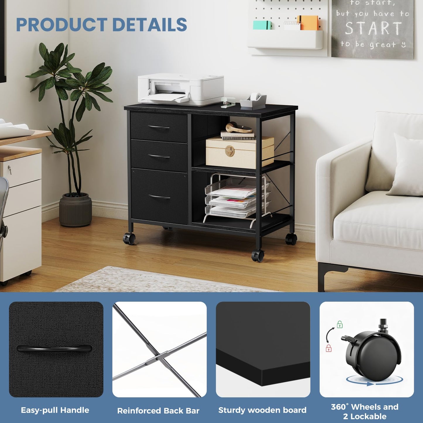 DUMOS 3-Tier Mobile File Cabinet, Printer Stand with Storage, Office Table with Drawers and Back Support Bar, Holds 110lb for Home Office, Rustic Black