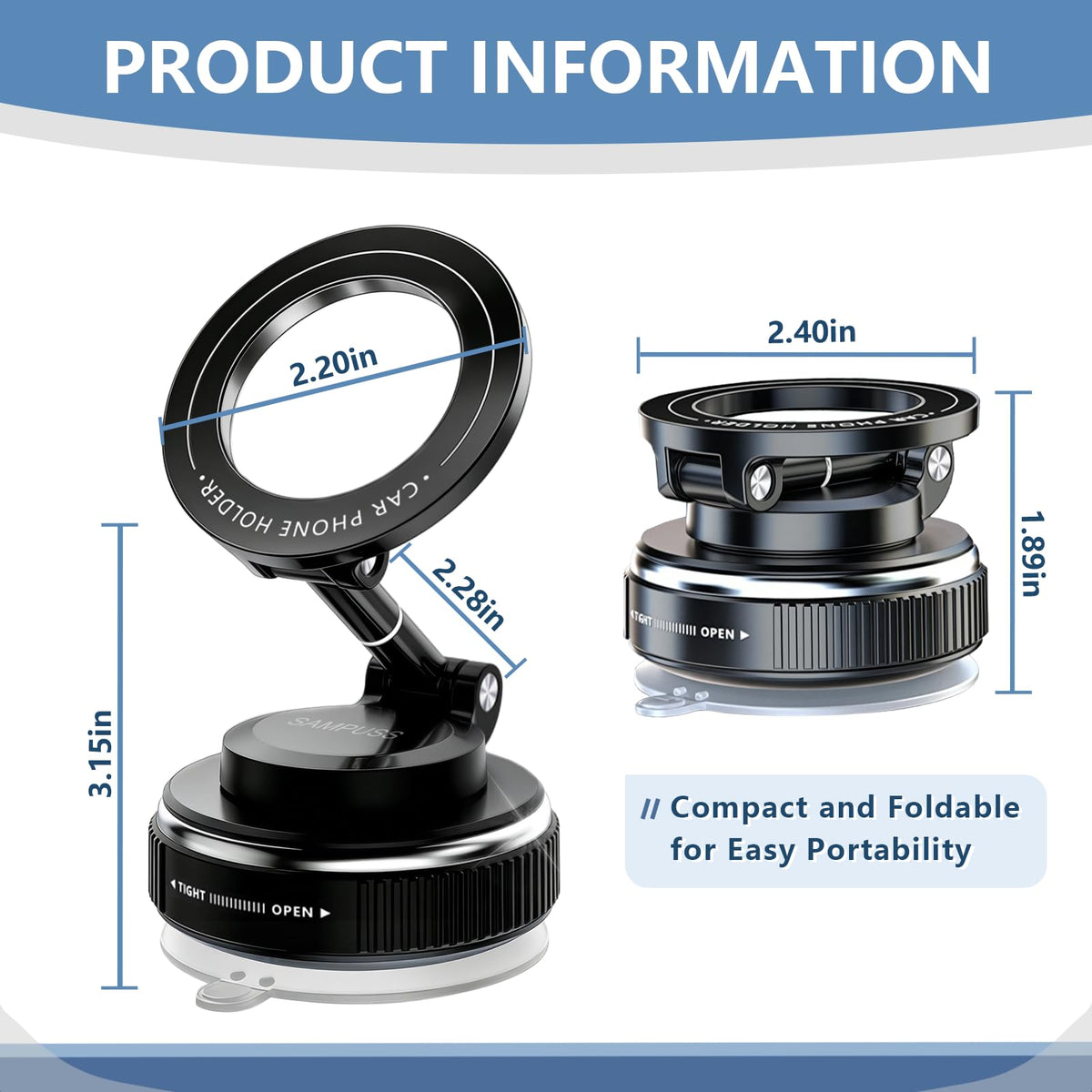 SAMPUSS Magnetic Phone Holders for Your Car, Upgraded Vacuum Car Phone Holder, 360° Rotation Cell Phone Car Mount Suction Phone Mount for Magsafe Car Mount for Car Kitchen Gym Travel for All Phone