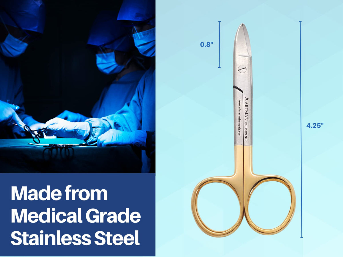 ARTMAN INSTRUMENTS Dental Crown Collar Cutting Scissors 4.25" Curved Scissors for Thin Metal, Plastic, Rubber Sheets - Stainless Steel with Gold Plated Handle for Dental, Craft, and Art Projects