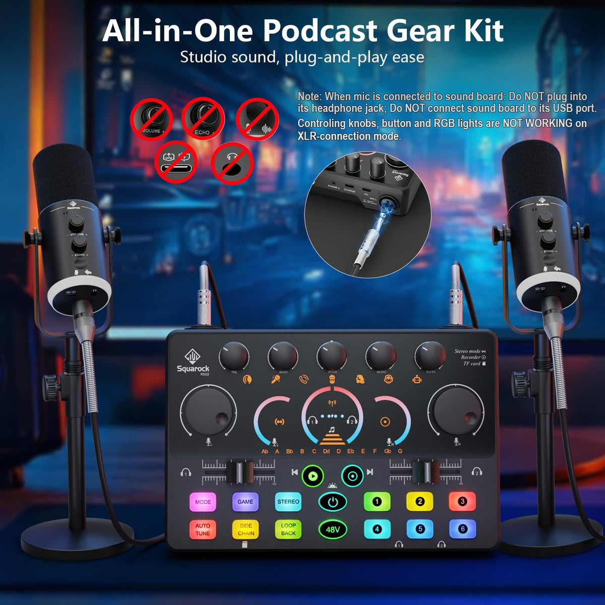 Podcast Equipment Bundle for 2, Dynamic XLR/USB Gaming Microphone & Streaming Audio Mixer with RGB Lights, Perfect for Podcast, Recording, Video Vocal, PC