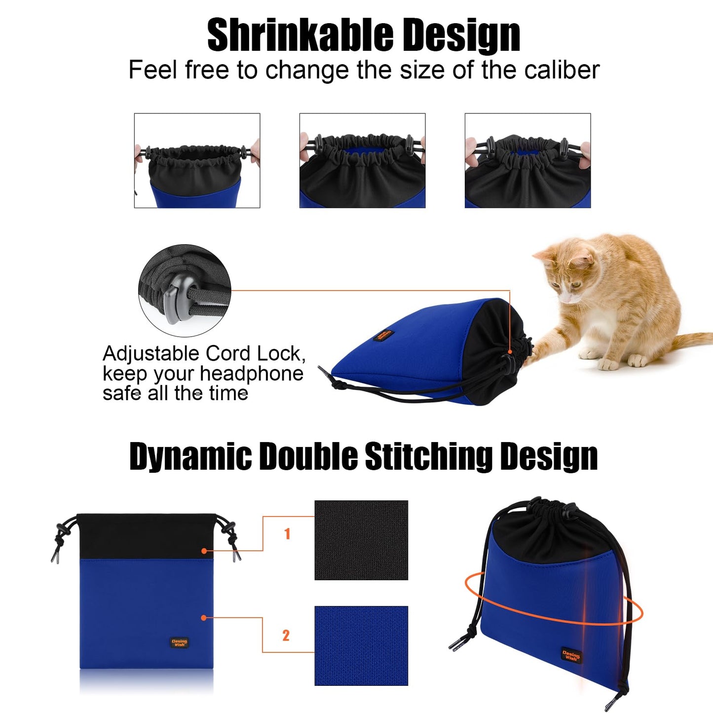 Desing Wish Lightweight Headphone Storage Bag, Portable Headset Carrying Pouch Headphone Case Bag Soft Travel Pouch for Over-Ear Headphones/Gaming Headsets/Neckband Earbuds (Large Blue)