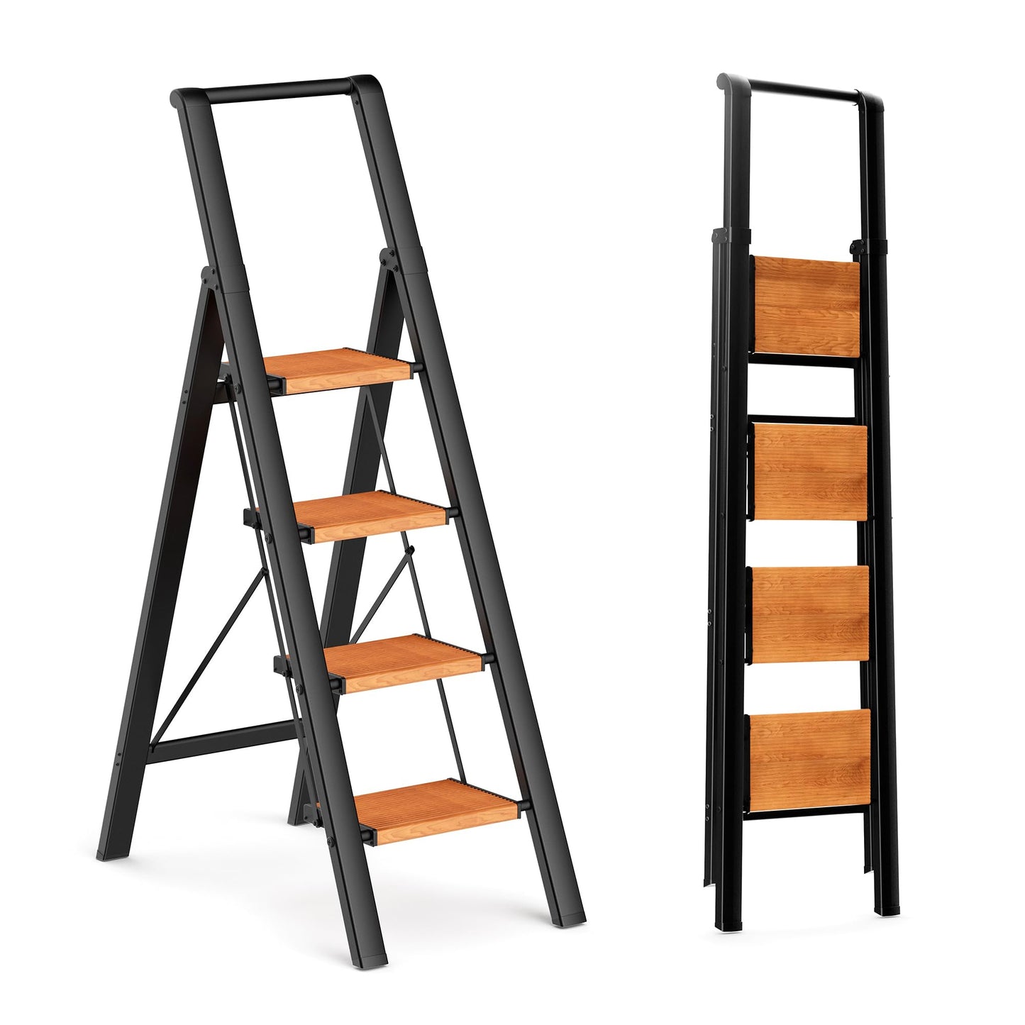 GameGem 4 Step Ladder, Lightweight Aluminum Folding Step Stool with Convenient Handgrip, Stepladders with Anti-Slip and Wide Pedal for Home Use Space Saving - Black+Woodgrain