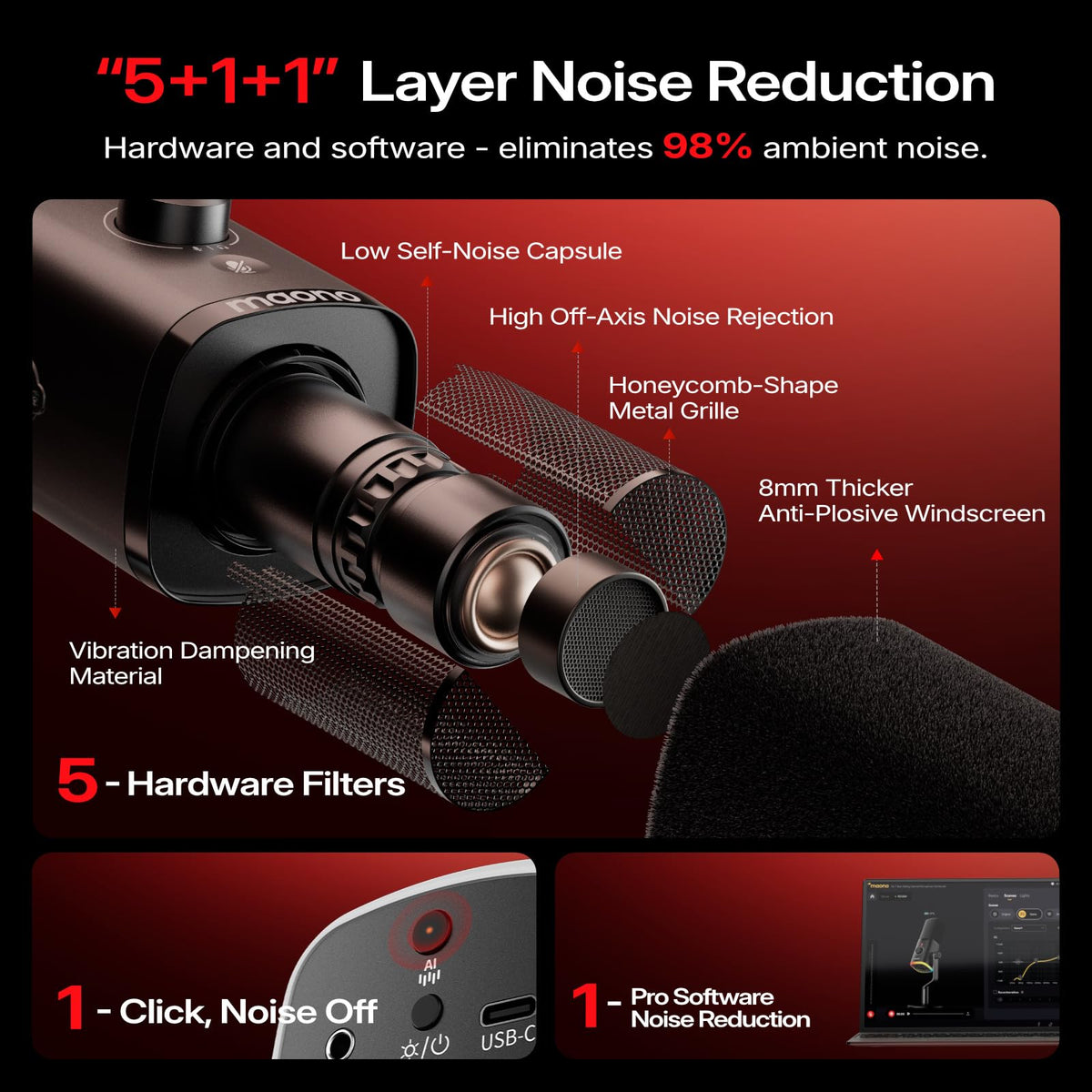 MAONO PD100W USB Wireless Microphone for PC, Gaming Streaming Dynamic Mic with One-Click Noise Reduction,Mute Button,Custom RGB, 3.5mm Headphone Jack, Desktop Podcasting Mic for Computer Phone, Black
