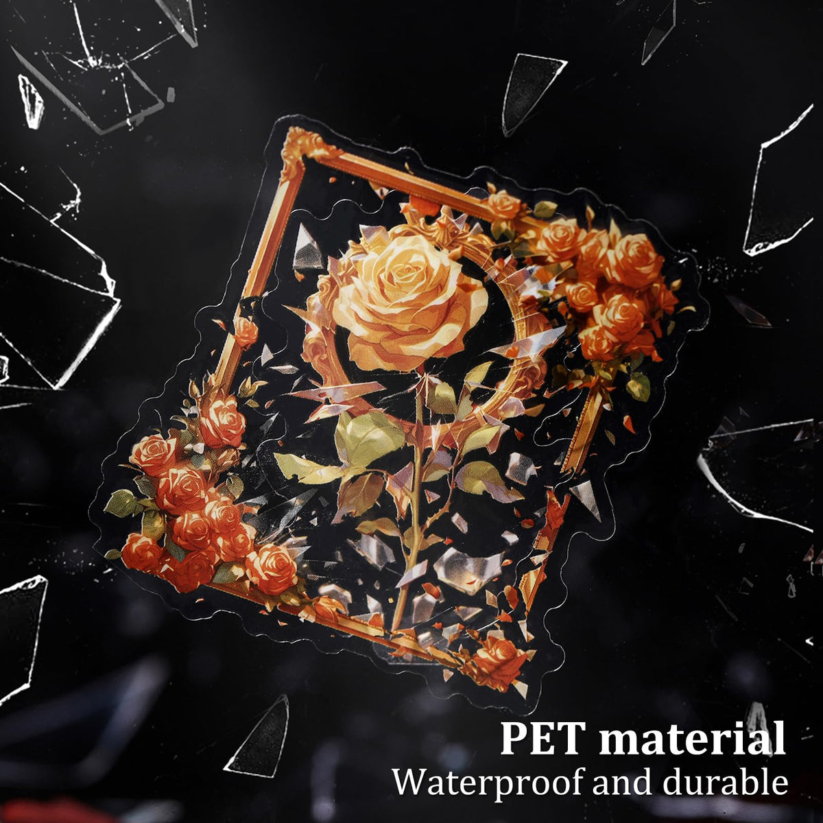 AuriicLeaf Broken Mirror Frame Stickers Set, 40PCS Gothic Rose PET Scrapbook Supplies for Journaling, DIY Crafts, and Planners