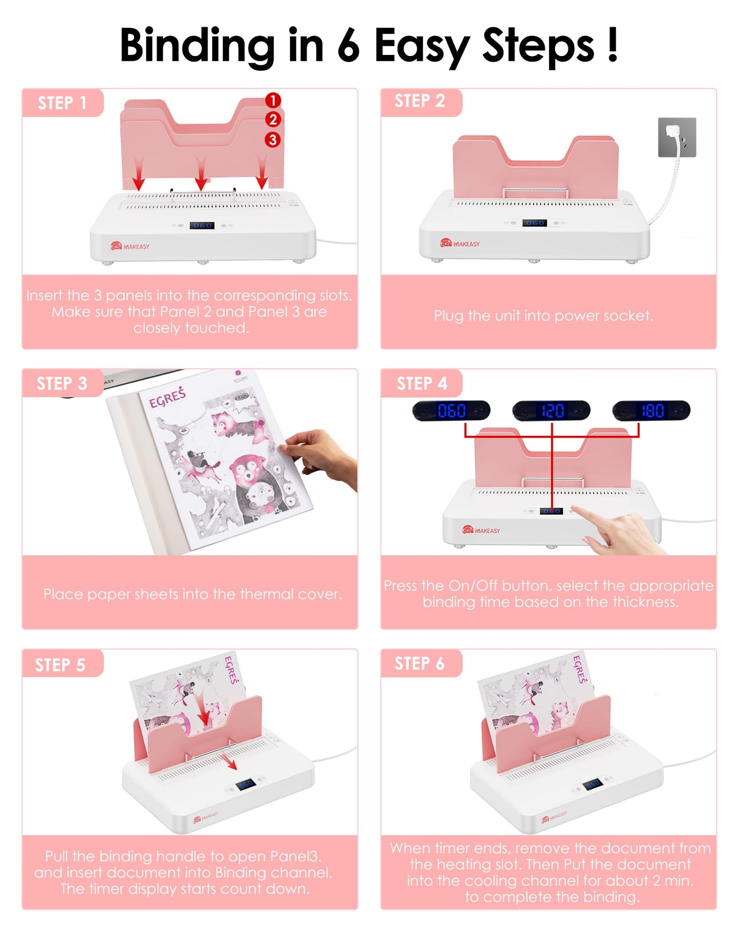 MAKEASY Pink Thermal Binding Machine 500 Sheets Capacity, Digital Touch Panel, Air Cooling, Electric Thermal Binder for A4//A5/Letter Size Documents, Come with 10 PCS Binding Covers