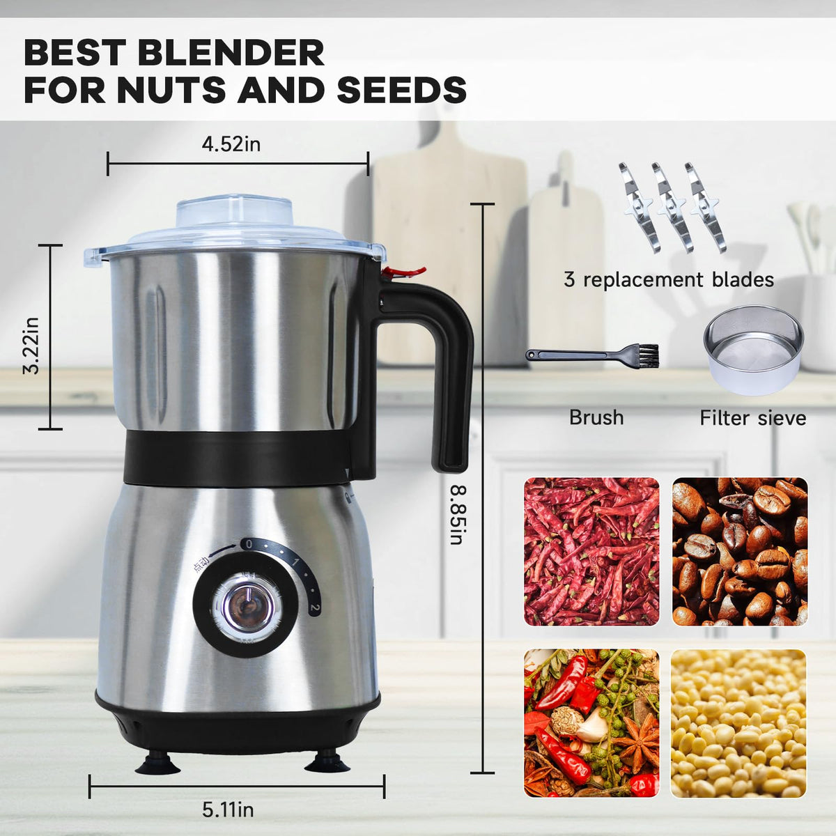 Electric Spice and Nut Grinders - 3 Stainless Steel Blades, 1 Filter, 1 Brush - 500W Grinder for Kitchen Dry Use (Black)