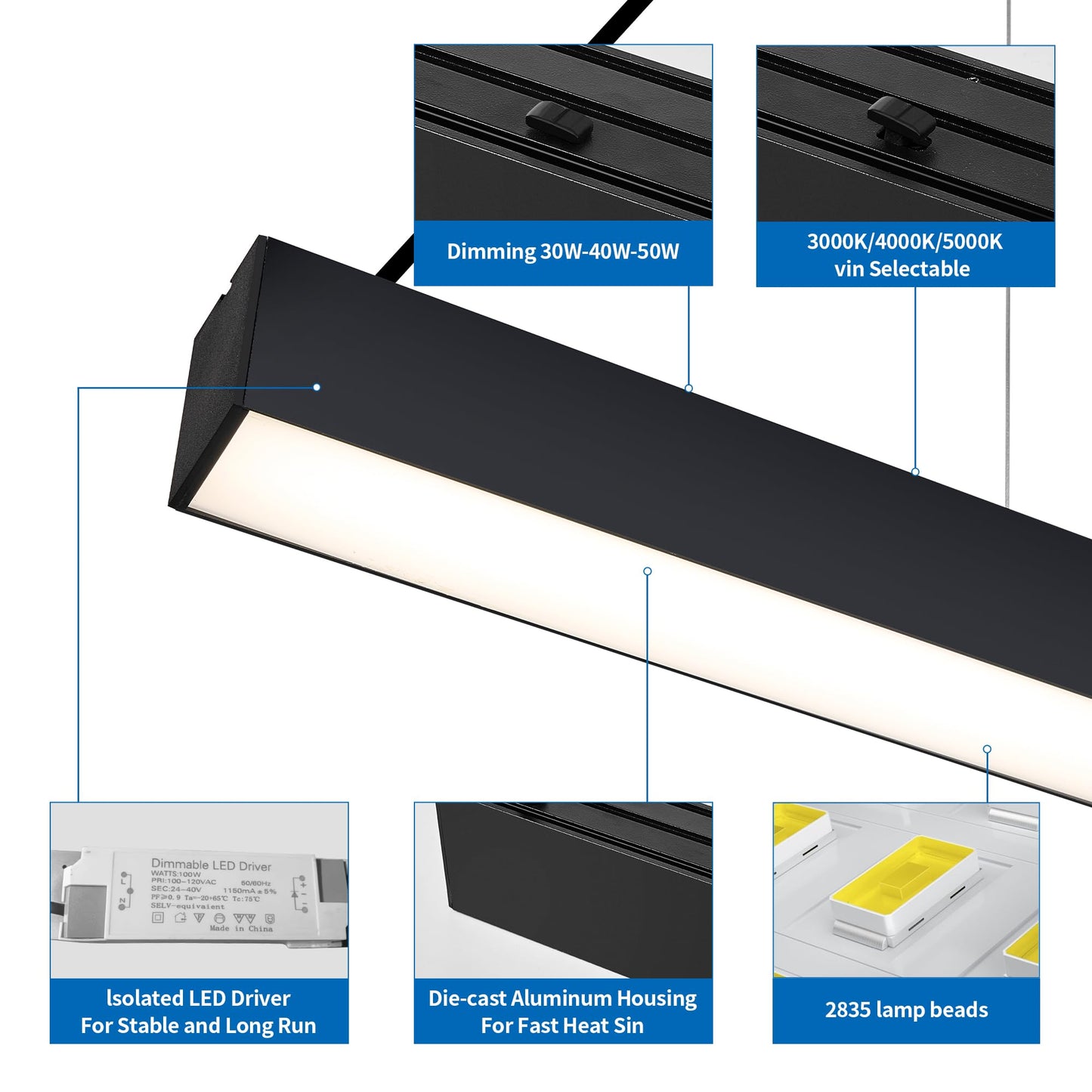 be studied 4FT 50w Led Linear Light, Fixture 0-10V Controlled Dimming 3000K 4000K 6000K Color Changing, Black Ceiling Shop Light, Suspended Office Lighting Fixture 2 Packs
