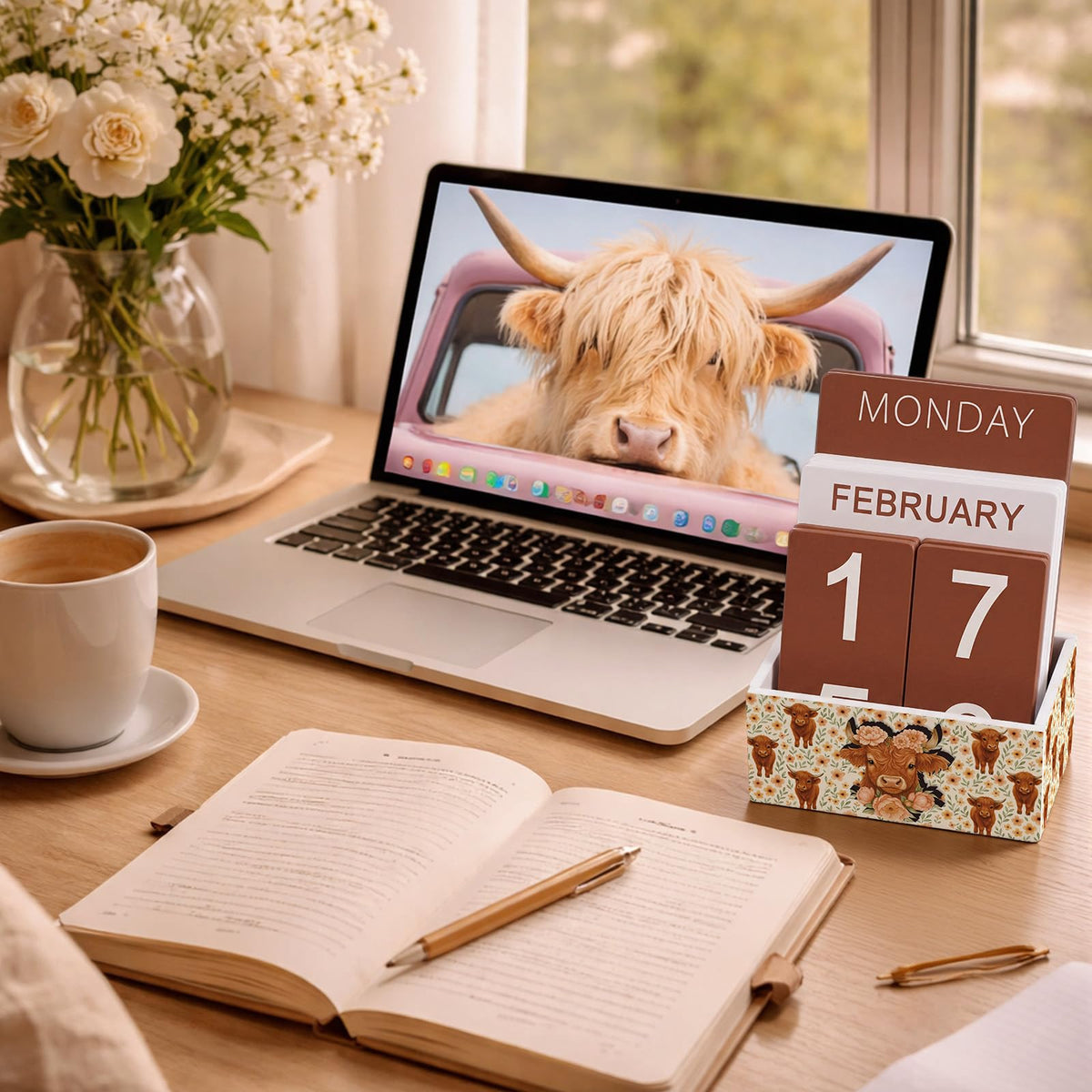 AceOrbit Highland Cow Wood Block Perpetual Calendar Coquettish Desk Decor Cute Month Week Date Display Decorative Block Calendar for Women Office Home Desk Gift for Women