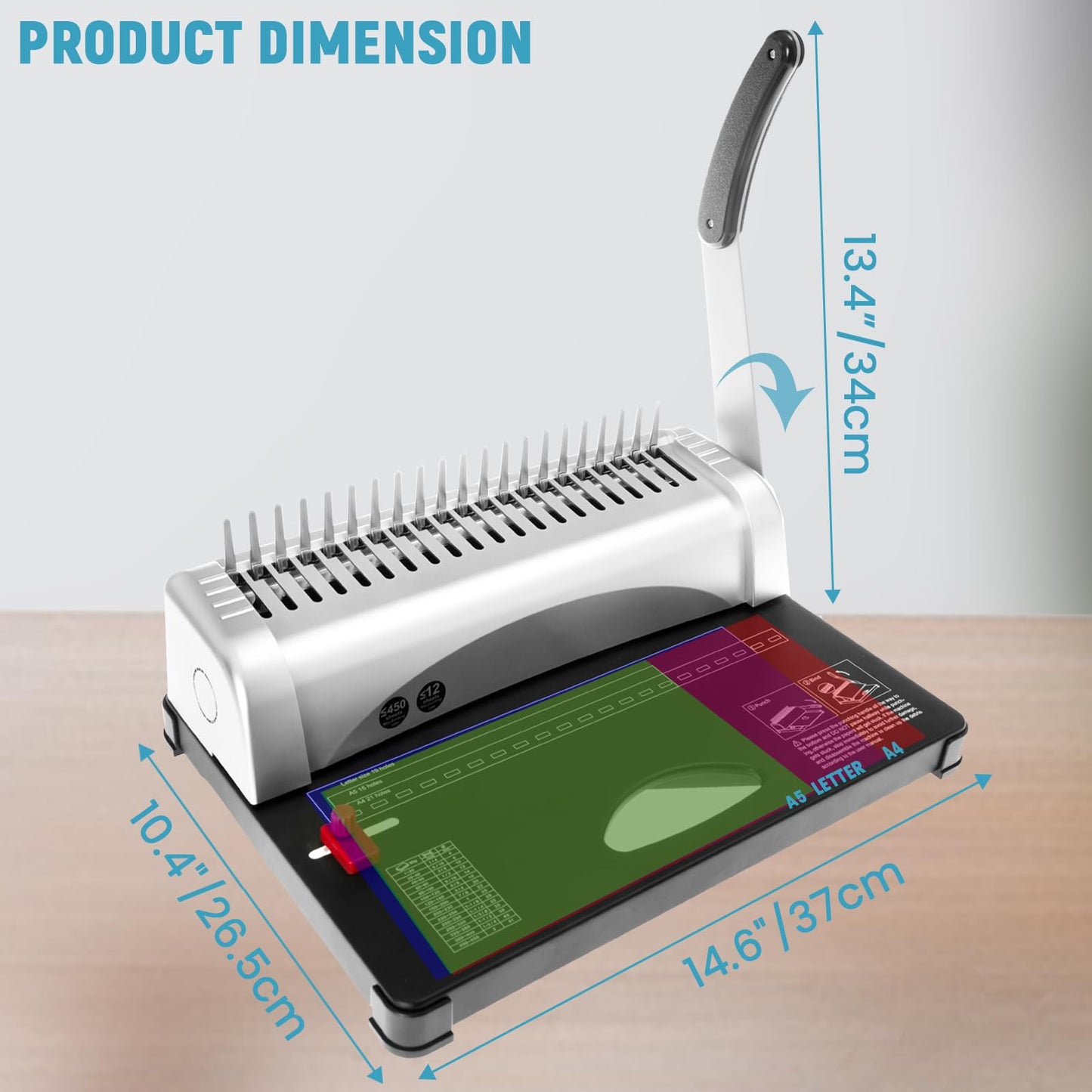 DUPDMKIN Comb Binding Machine 21 Holes 450 Sheets Binding Machine Includes 100 PCS Rubber Ring Fits Letter Size, A4, A5 or Smaller Sizes