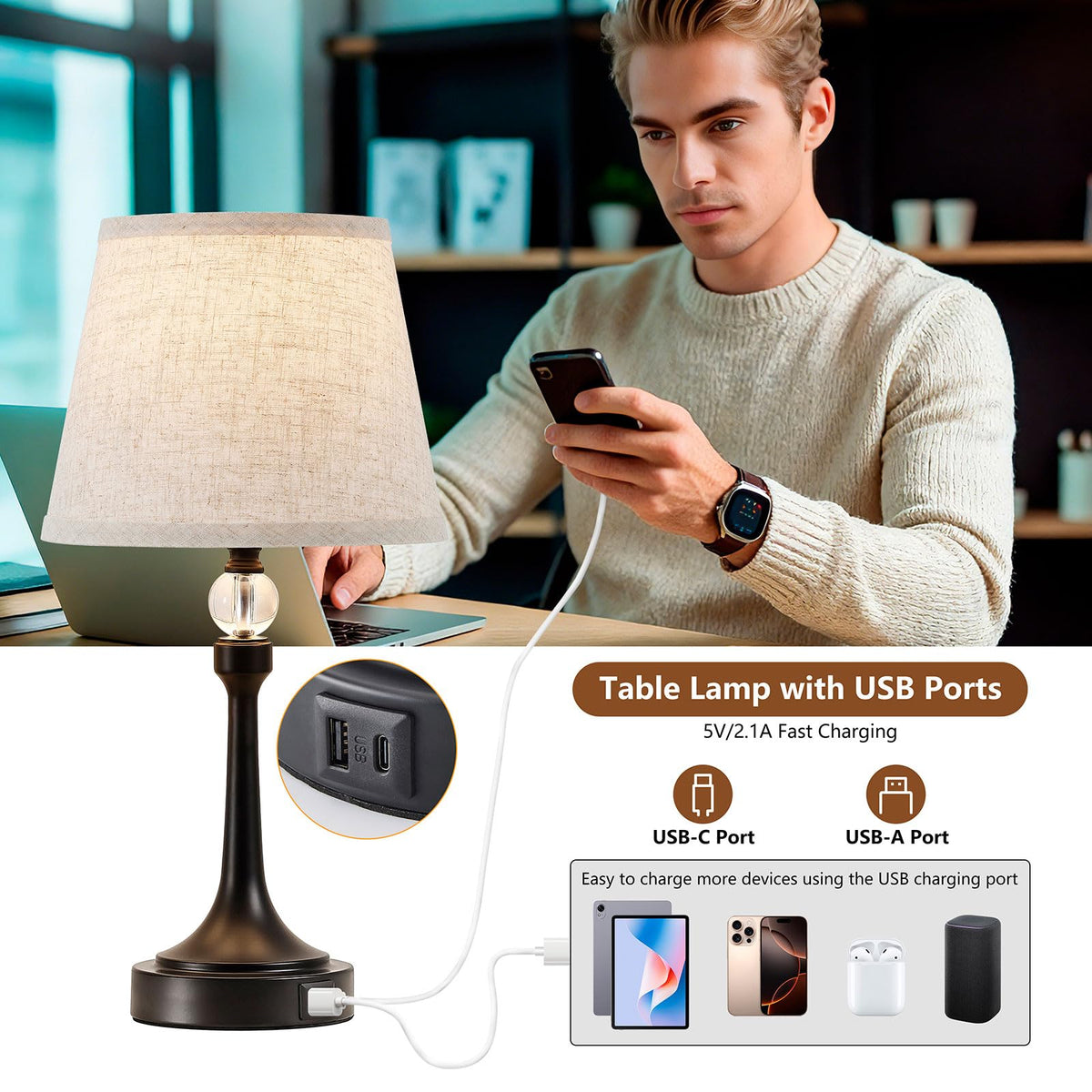 Leasgy 19.7'' Touch Table Lamps for Living Room, Small Lamp for Bedroom with USB C+A Ports, Dimmable Touch Lamps Set of 2, Reading Desk Lamp for Office, Metal Bedside Lamps, Bulbs Included, Black