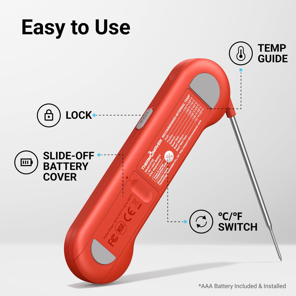 Professional 0.5 Sec Instant Read Meat Thermometer Digital, NIST Certified ±0.5℉ Accuracy, Auto Rotate Large LCD Display, Highly Waterproof Cooking Thermometer for Baking Grill BBQ Smoker Oven, Red