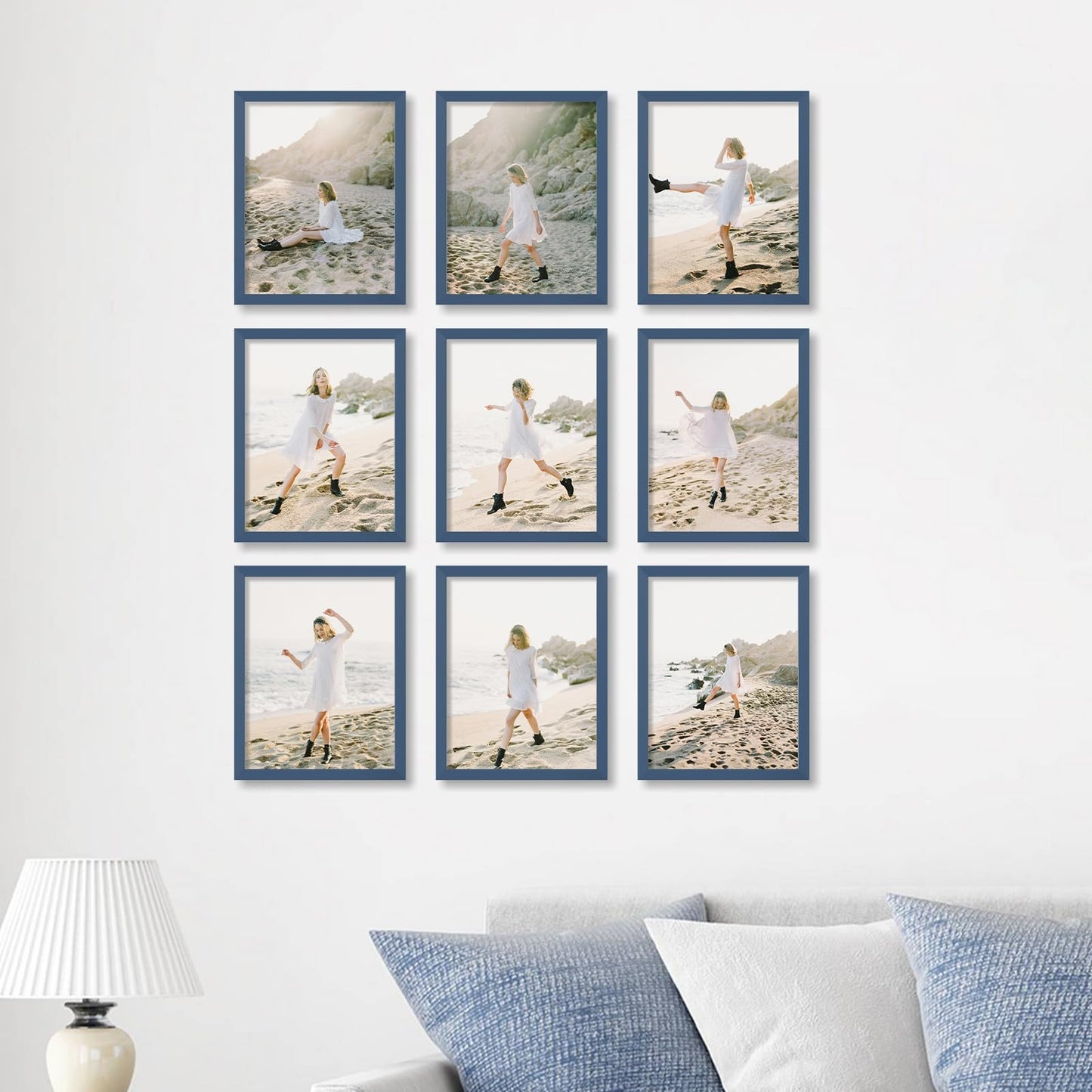 YESKAY 11x14 Picture Frame Set of 9 Photo Gallery Wall Frame Set Display Pictures 8x10 with Mat or 11 x 14 Without Multi Photo Frames for Wall Mounting or Table Top Display, Blue