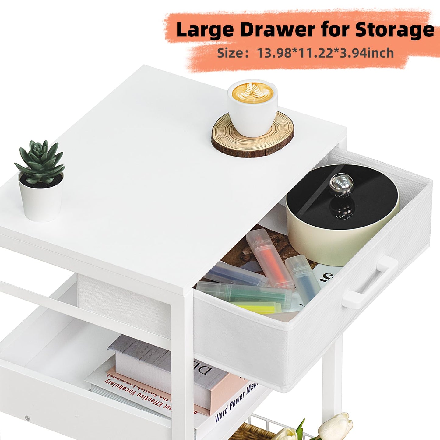 Lerliuo White Printer Stand with Fabric Drawer, 3 Tier Industrial Side Table, Modern Small Printer Desk Holder with Storage Shelf,Multi-Functional Bedside Tables for Home Office Fax Machine Scanner