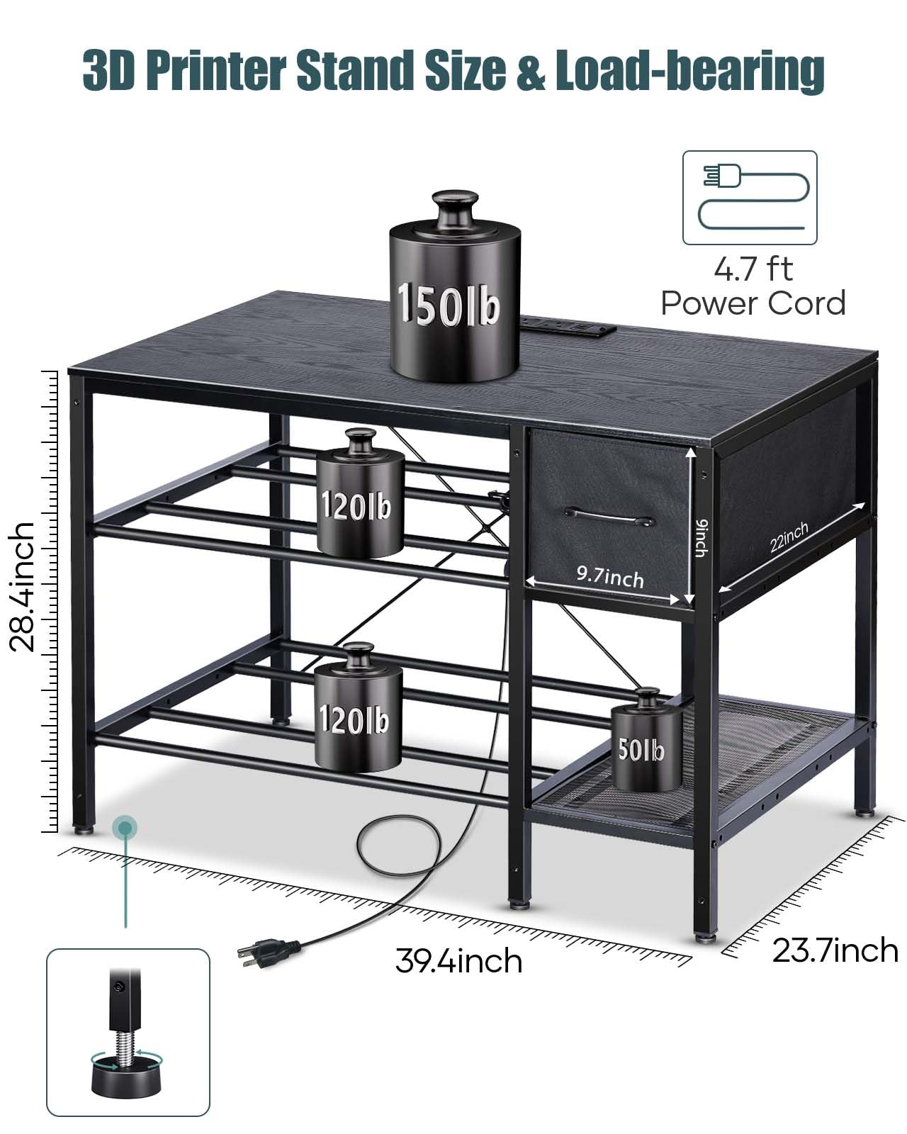 3D Printer Table with Filaments Storage - 3D Printer Stand Filament Storage Rack Heavy Duty 3D Print Desk with Drawer for Workshop Studio Office (Black)