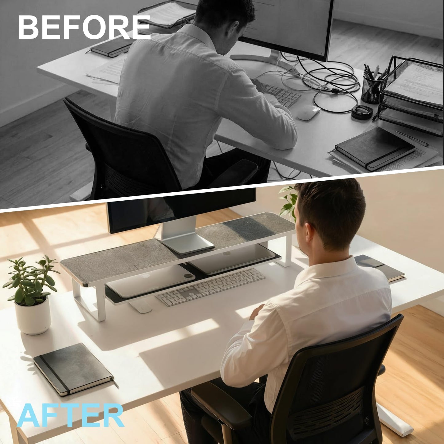 ERGO COLLECT Carbon Steel Dual Monitor Stand Riser, 31.5 Inch Extra Wide & Thick Heavy Duty 2 Tier Desktop Organizer with Pull Out Storage Drawer, Ergonomic Desk Stand for Curved & Gaming Monitors Home Office