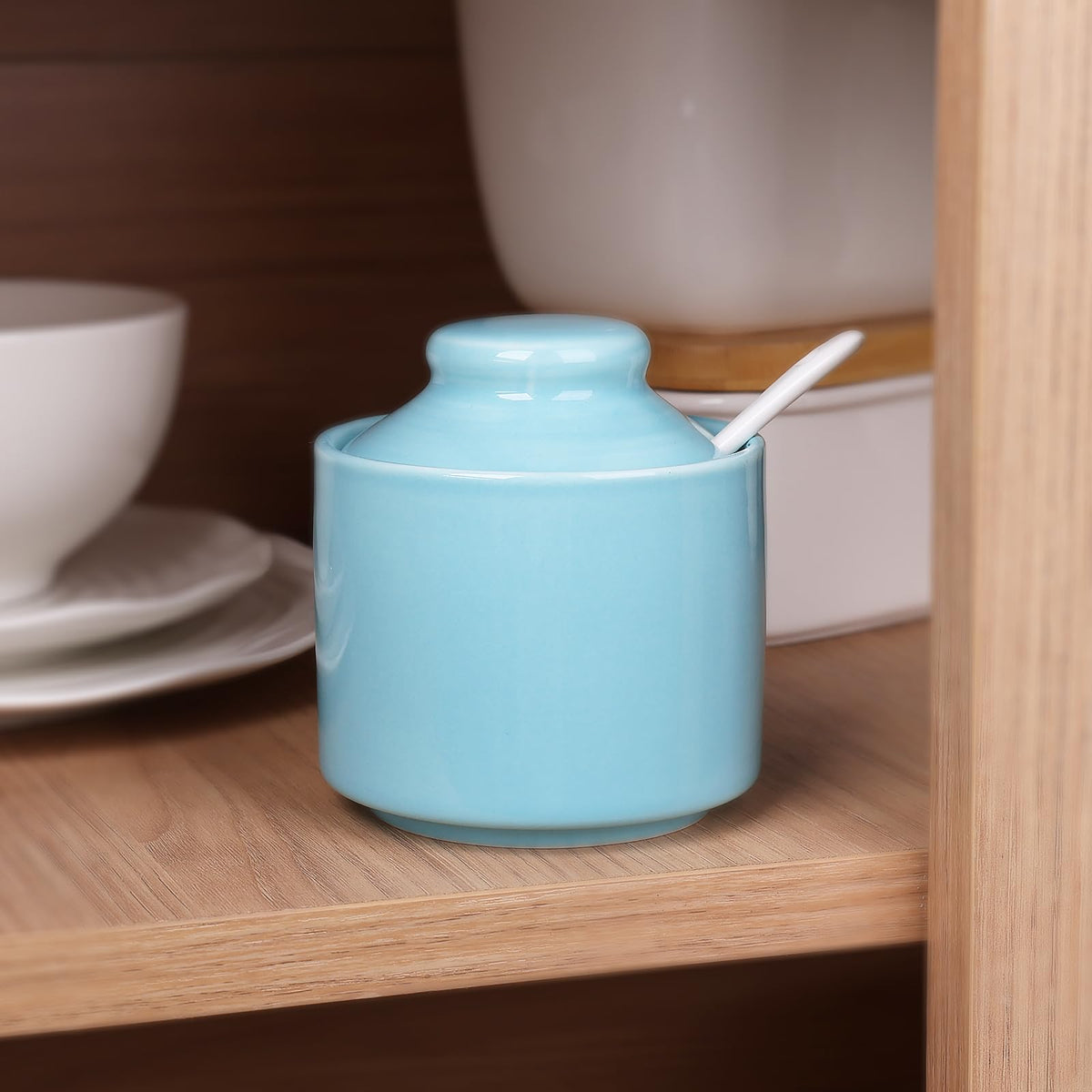 HAOTOP 8 oz Sugar Bowl with Lid and Spoon,Ceramic Sugar Jar Sugar Dispenser Sugar Container Coffee Bar Accessories, Kitchen Countertop Canisters (Turquoise)