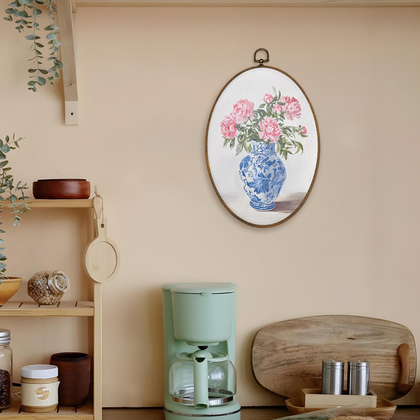 LKETW Chinoiserie Floral Oval Wall Art Decor, Blue and White Chinoiserie Porcelain Pink Flower Oval Canvas Hanging Decor, Grand Millenial Wall Decorations for Home Bedroom Office, 8.6x11.4 Inch