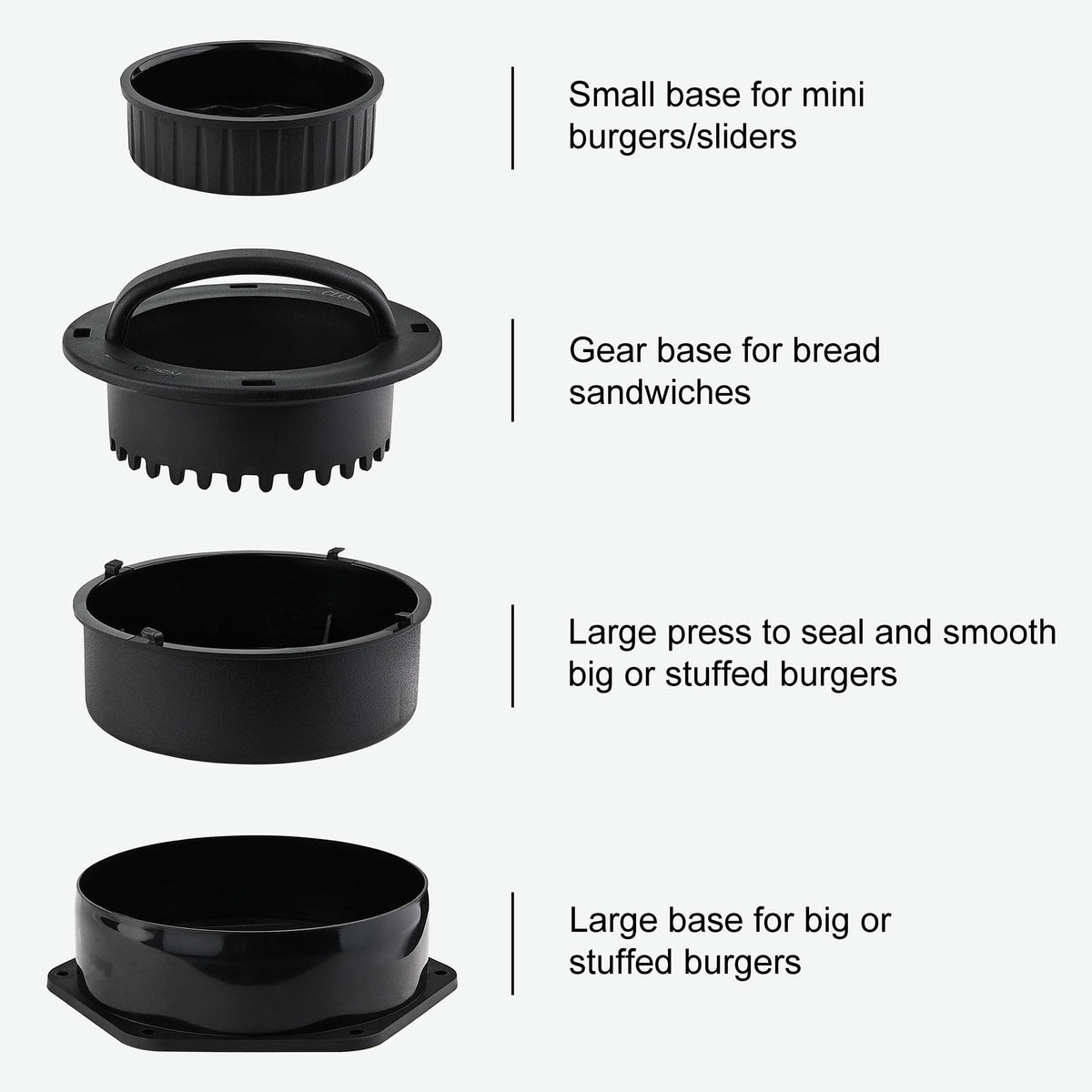 POLIGO Smash Burger Press Kit - 4 in 1 Hamburger Patty Storage Containers, 6.69" Cast Iron Smash Bacon Press - Non Stick Smash Burger Press Set for Grill and Griddle Cooking, Black Round
