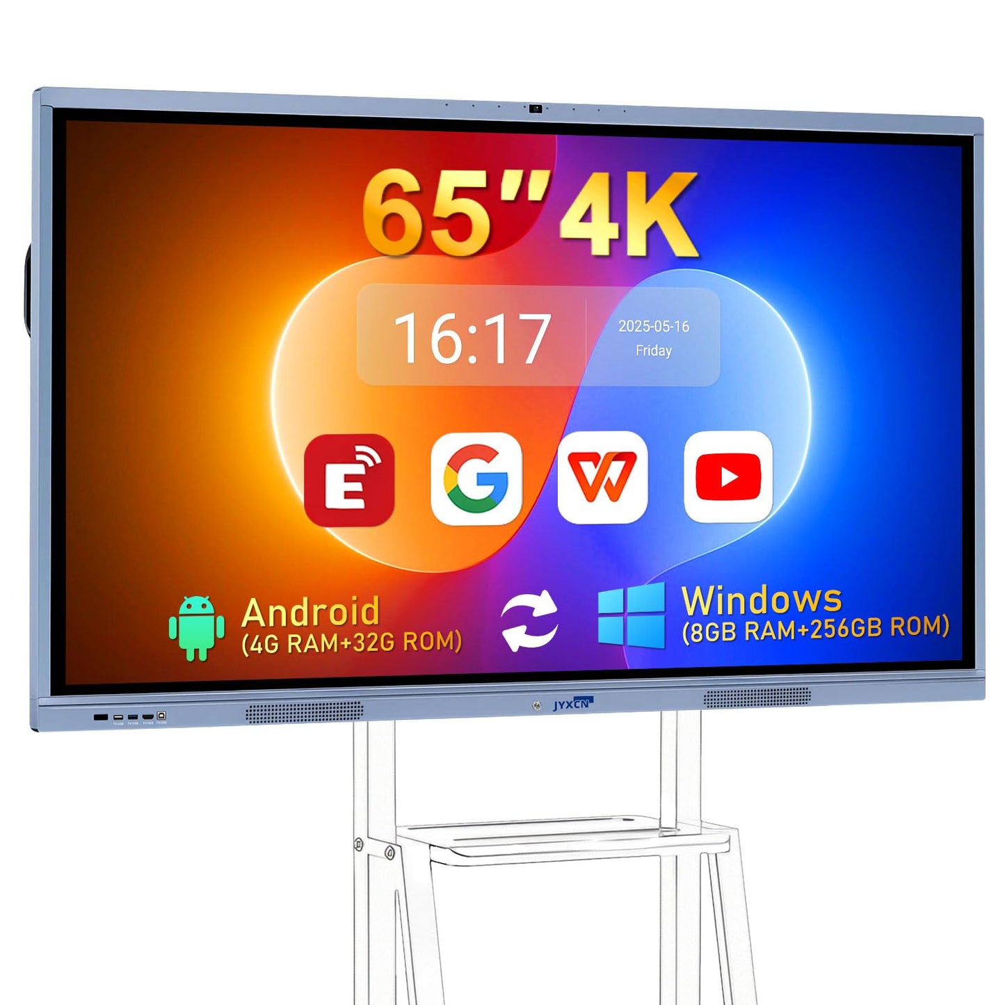 JYXCN 65" Smart Board, UHD 4K Interactive Digital Whiteboard Smartboard Android 11 & Windows 10 Dual System 8+256 GB & 20MP Camera | Touchscreen Electronic Smart Boards for Classroom Office Home