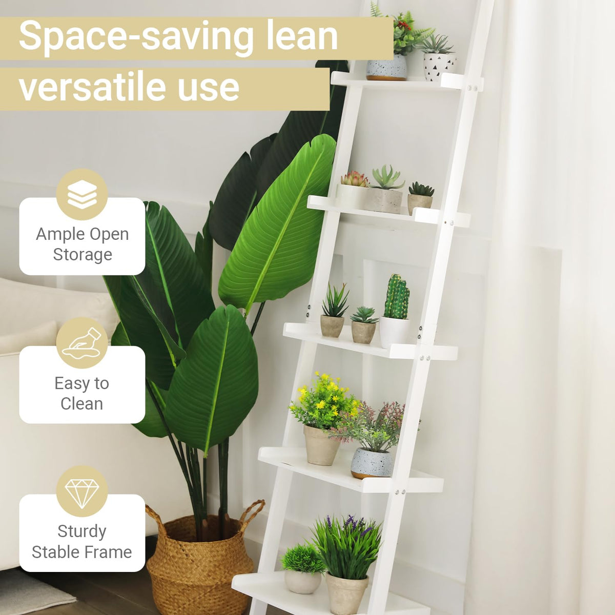 HYNAWIN Ladder Shelf 5-Tier Bookshelf – Storage Rack Shelves Wall Leaning Shelf,White Freestanding Plant Flower Stand, Corner Display Bookcase