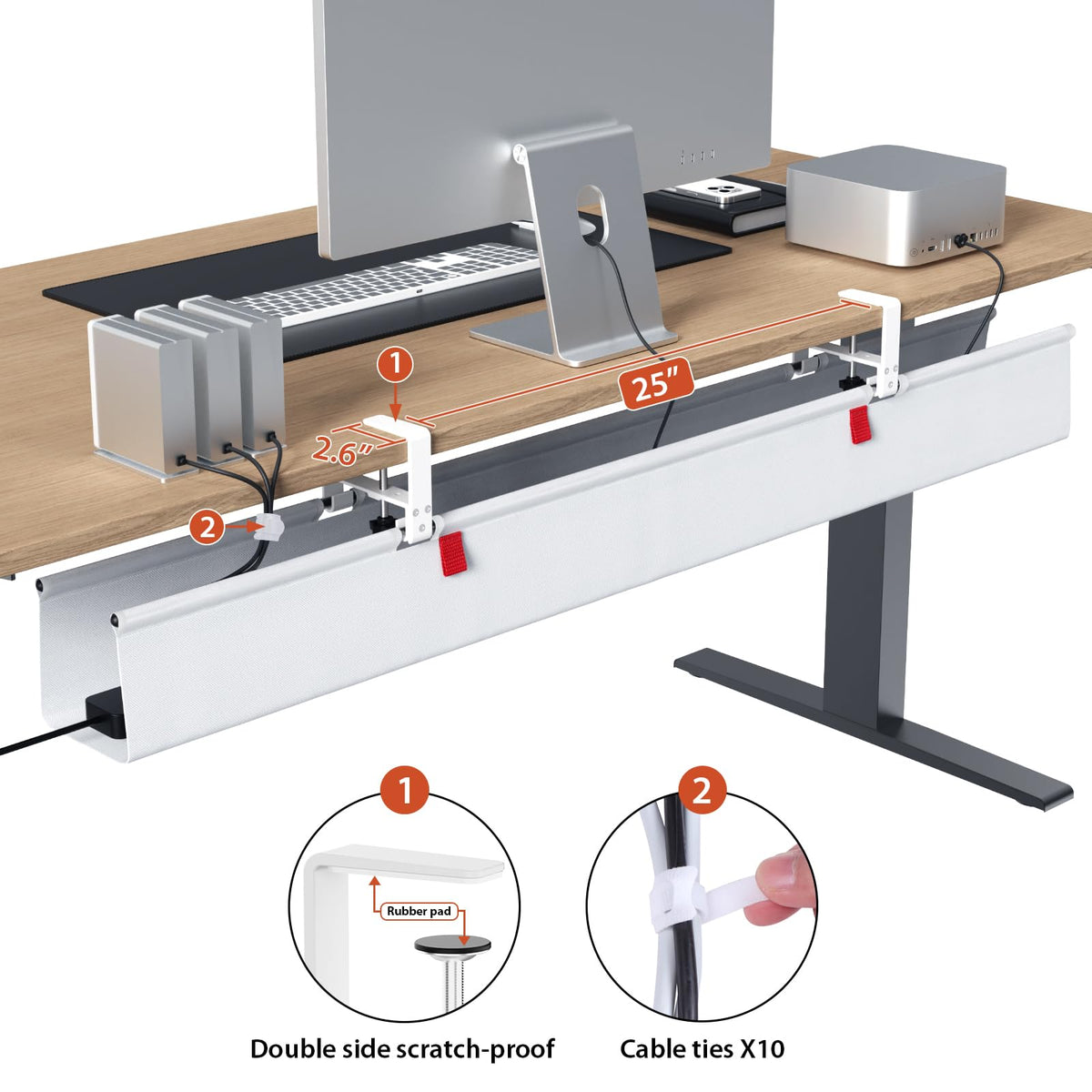 Univivi No Drill Under Desk Cable Management Tray, 48" Cord Organizer for Table, Clamp/Screw Mount Desk Cable Management, Premium Fabric Cable Management Tray for Office, Home (Extra Large)