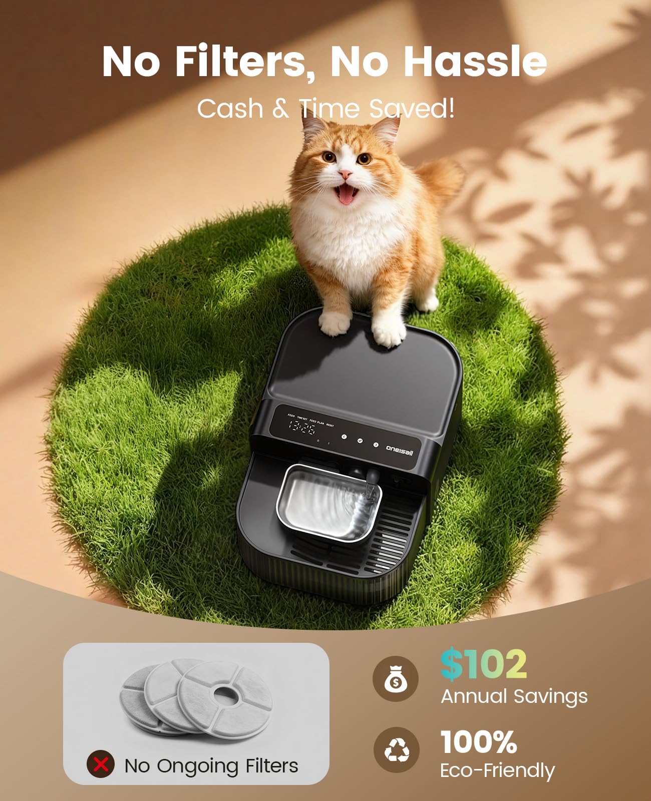 oneisall Wireless Filterless Cat Water Fountain, Separate Clean and Dirty Water Pet Fountain with Stainless Steel Bowl, 3.5L/118oz Quiet No Filter Smart FreshFill Automatic Cat Water Dispenser, Black