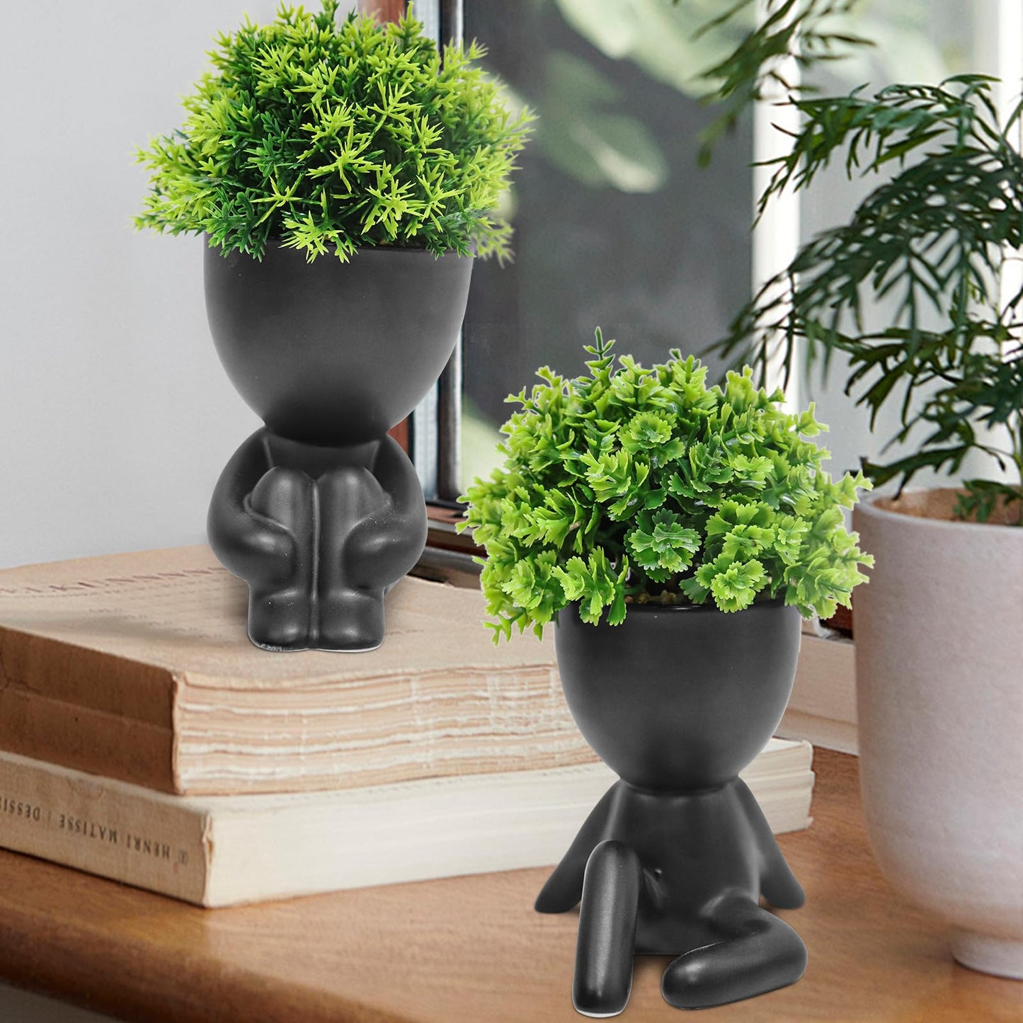 MAKHOT 4PCS Cute Artificial Mini Succulent Plants with Creative Human Shaped Pots, Small Fake Plants for Shelf Desk Tabletop Office Home Decoration(Black)