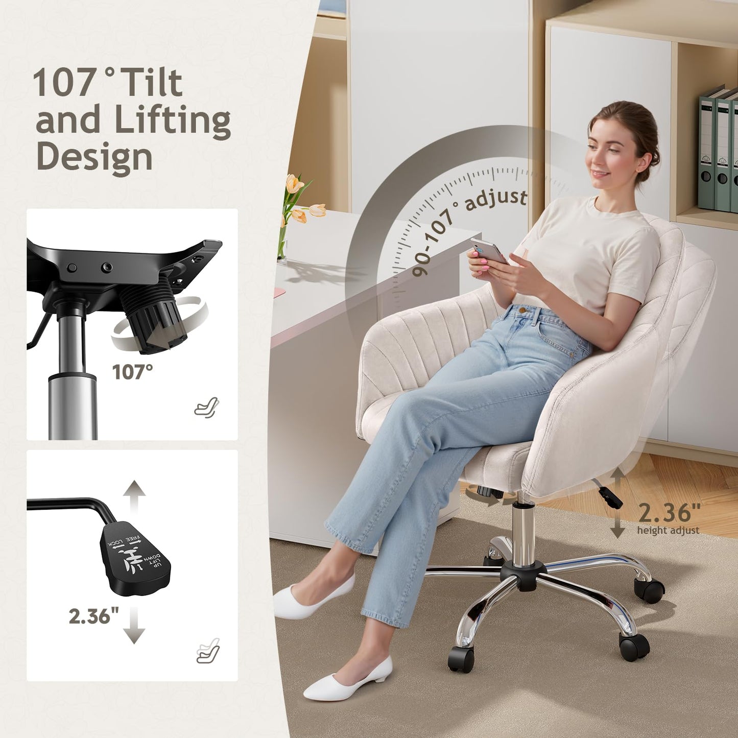 Warmiehomy Velvet Desk Chair for Home Office, Modern Adjustable Swivel Task Chair, Women Vanity Chairs with Arm Rest for Bedroom Dressing Room, Cozy Beige