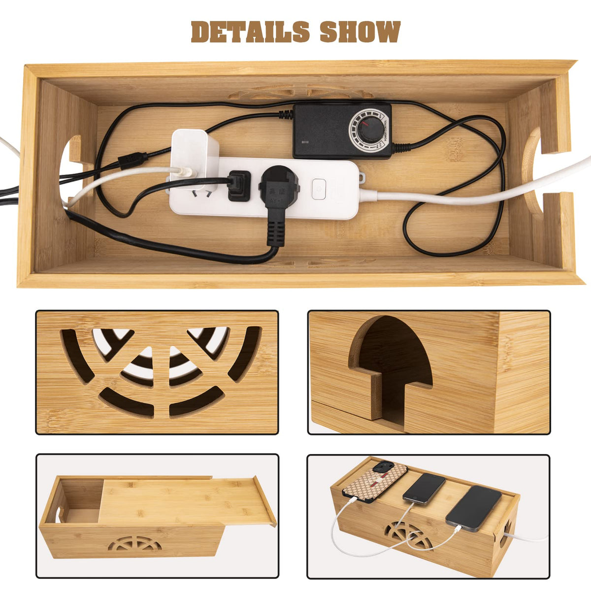 Cable Management Box,Cord Organizer Box,Bamboo Cable Organizer Box for fit Desk Computer USB Behind TV Home Hall Computer Power