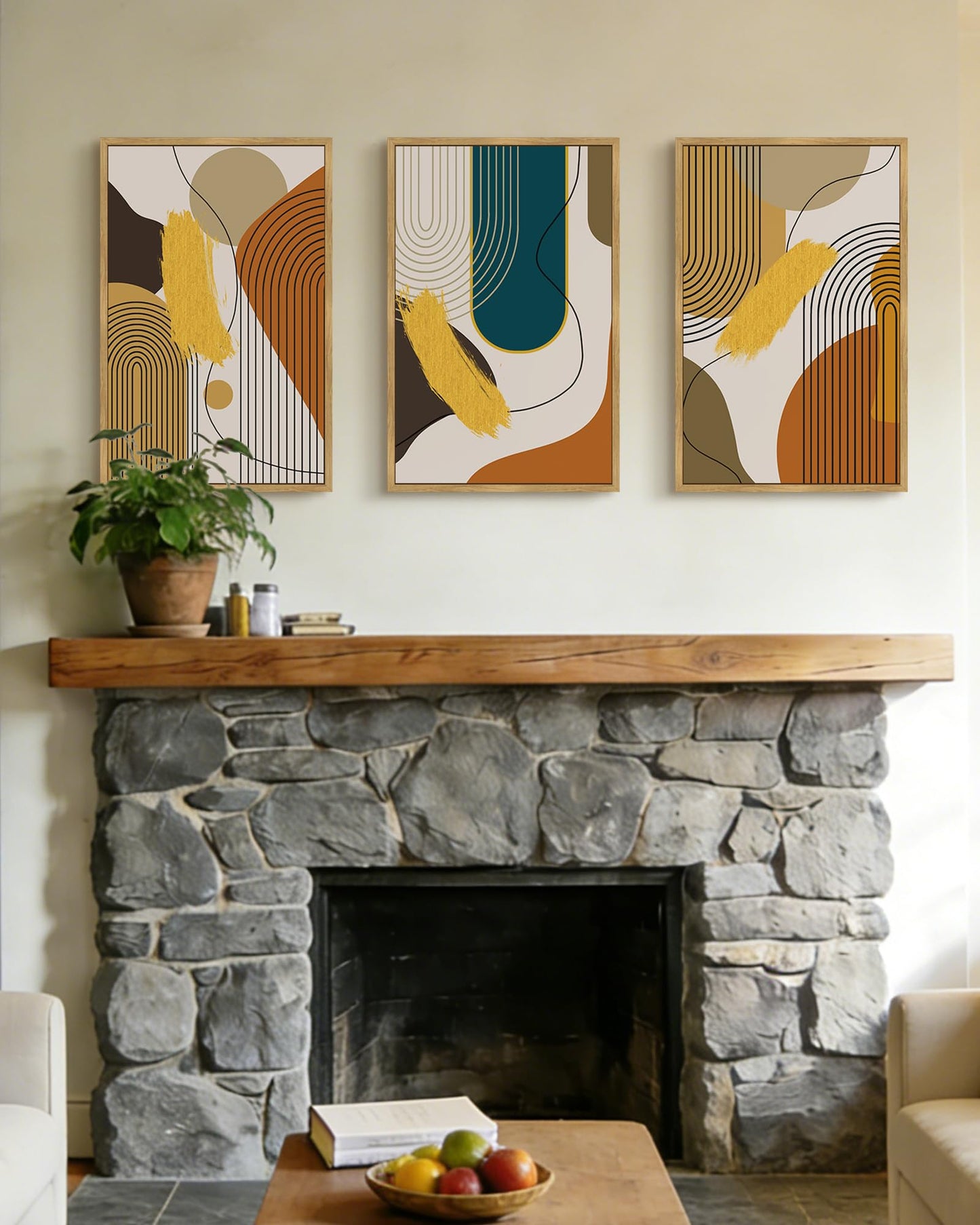 PHOPAGO Boho Abstract Framed Wall Art Large 16x24in Mid-Century Modern Bohemain Minimalist Luxury Gold Line Artwork Home Office Living Room Decor - Natural Framed