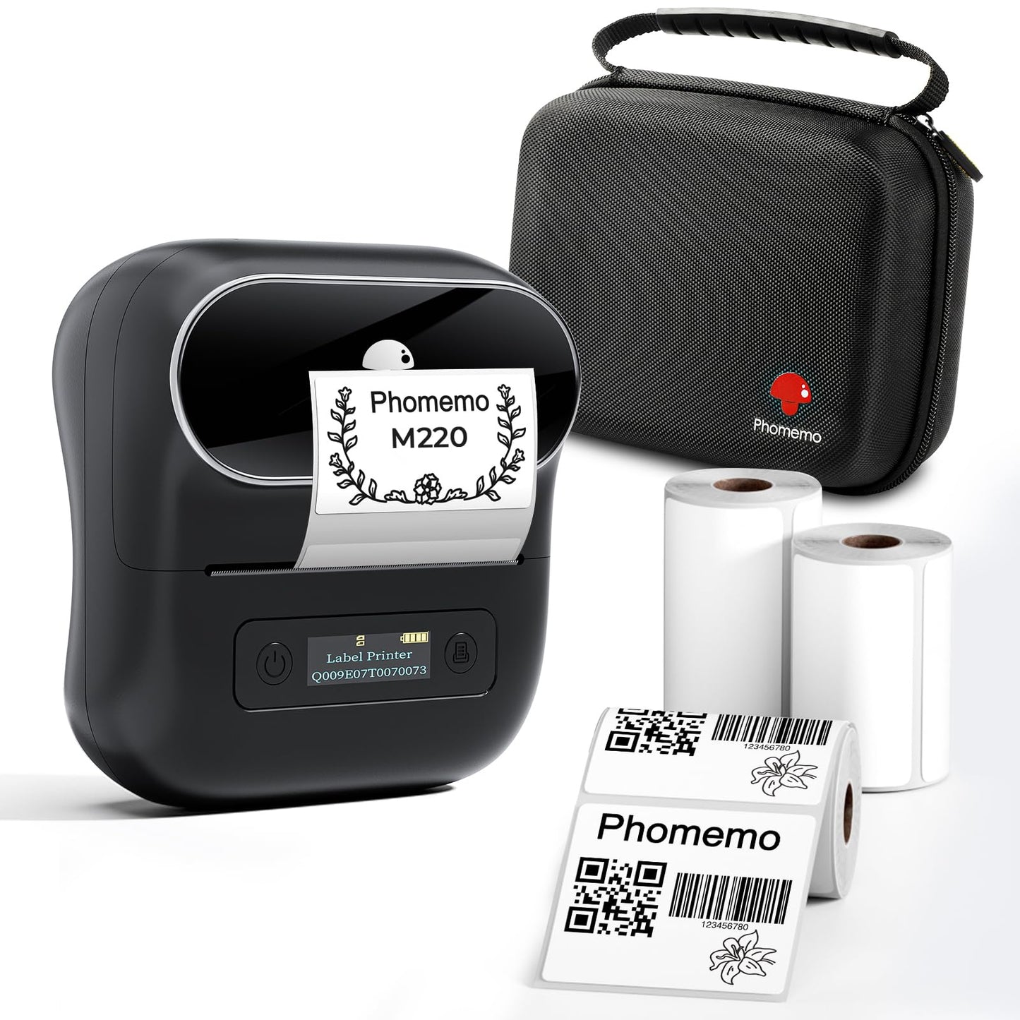 Phomemo Label Maker, M220 Thermal Label Printer, 80mm Portable Bluetooth Barcode Printer Compatible with Andriod/iOS for Home, Office, Small Business, with 3 Packs Label & Case