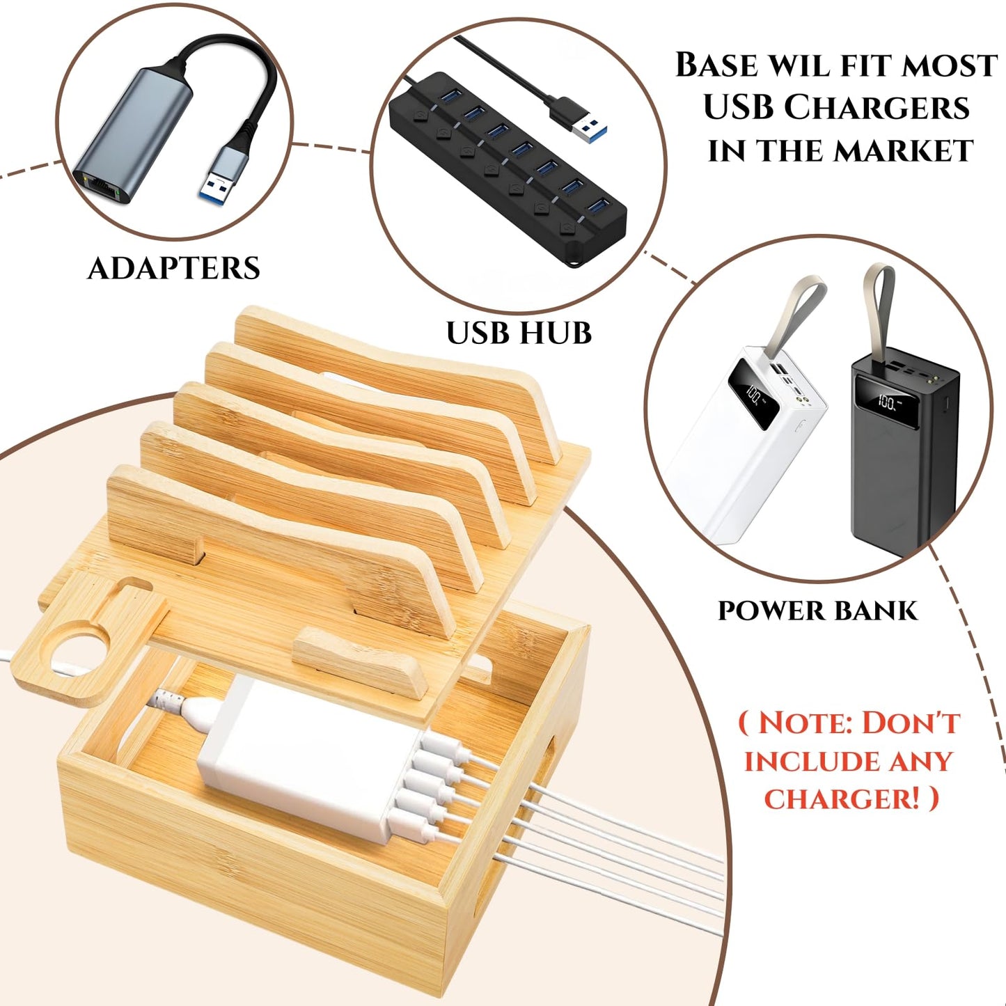 Acshio Bamboo Charging Station for Multi Devices, Small Desktop Docking Stand, Cell Phone Docking Station Charger Organizer for Tablets, Smart Watch (No USB Charger No Charging Cables)