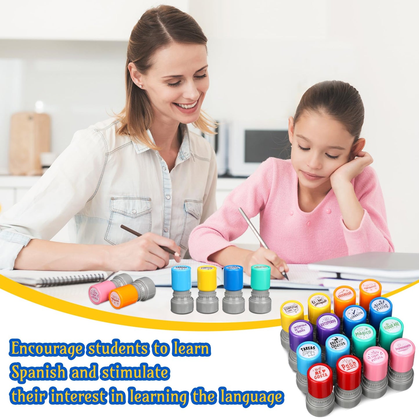 Jetec 16 Pcs Spanish Teacher Self Inking Stamps Teacher Gifts Motivation Grading Stamps for Signature Homework Reward Supplies(Round)